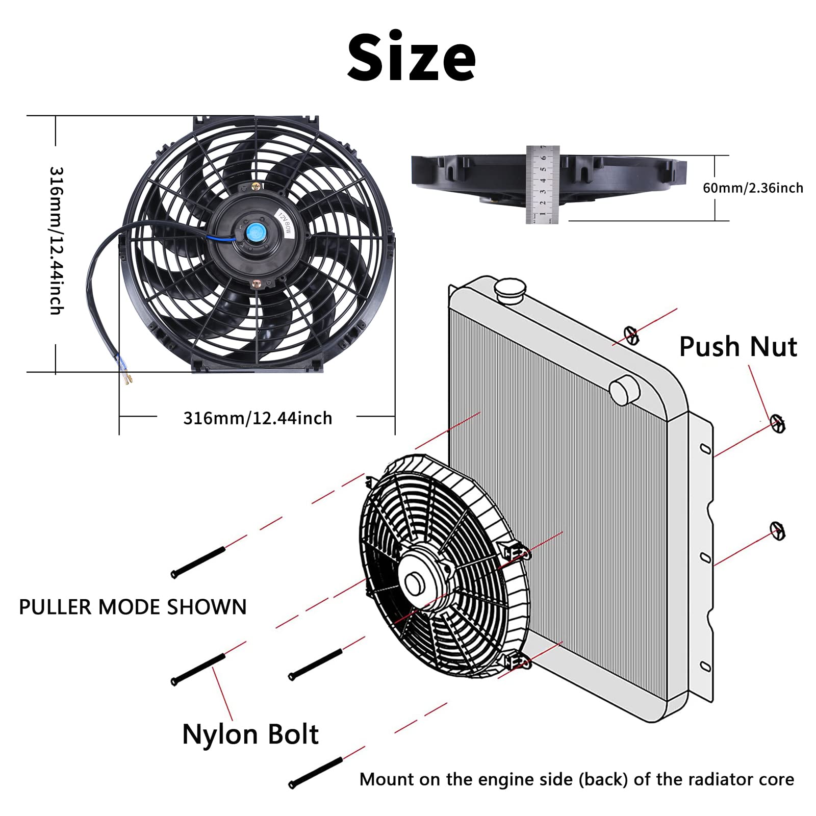 Fgjqefg 12 Inch Universal Slim Fan Push Pull Electric Radiator 12V 80W High Performance Cooling Fan Mount Kit Black 2 Pcs