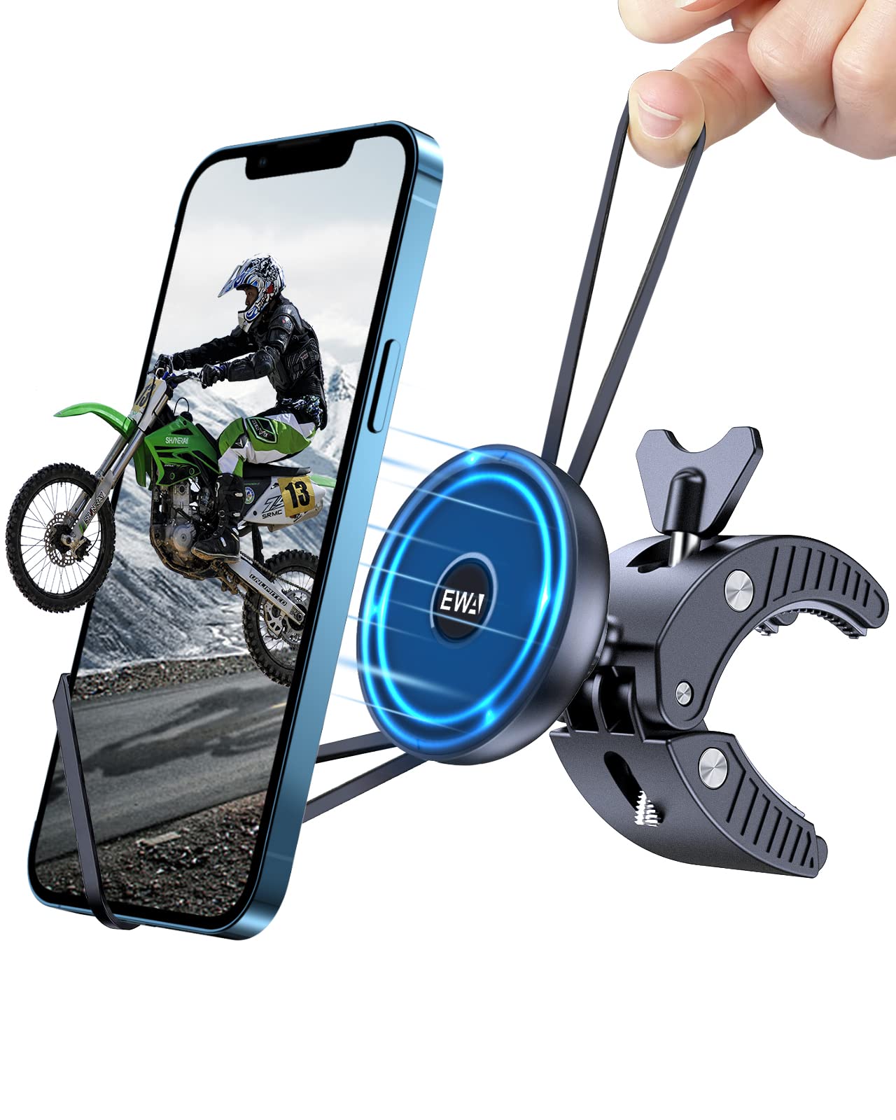 EWA Bike Phone Holder, Motorcycle Phone Mount Magnetic Bicycle Handlebar Cell Phone Clamp Compatible with MagSafe and iPhone 15 