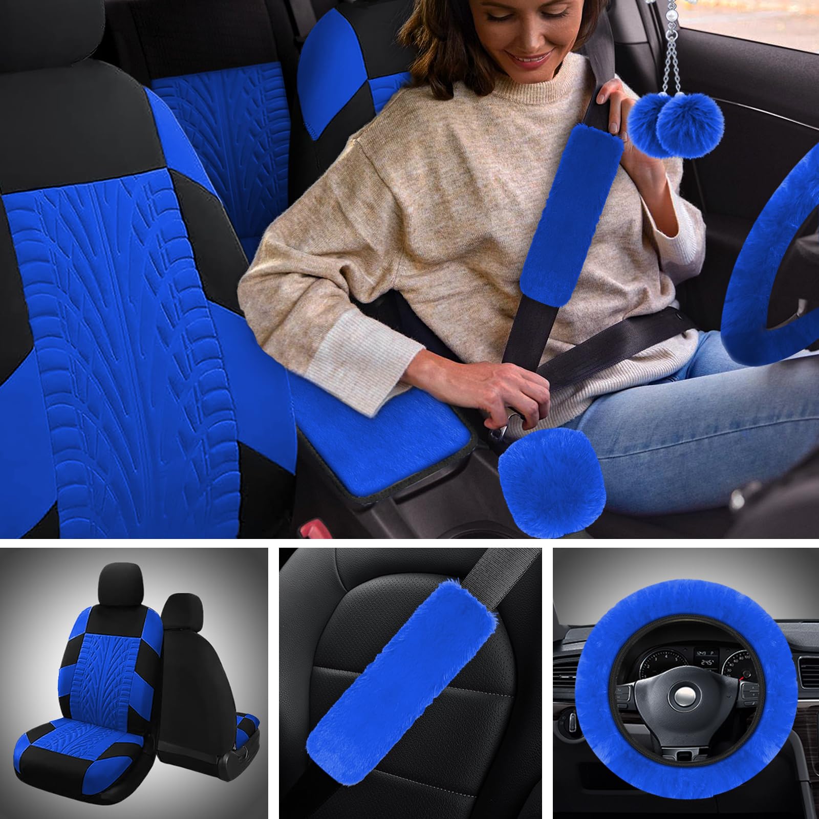 JINGSEN 21 Pcs Car Seat Covers Full Set for Women,Car Seat Covers for Car Floor Mats,3D Tyre Print with 5mm Composite Sponge Aut