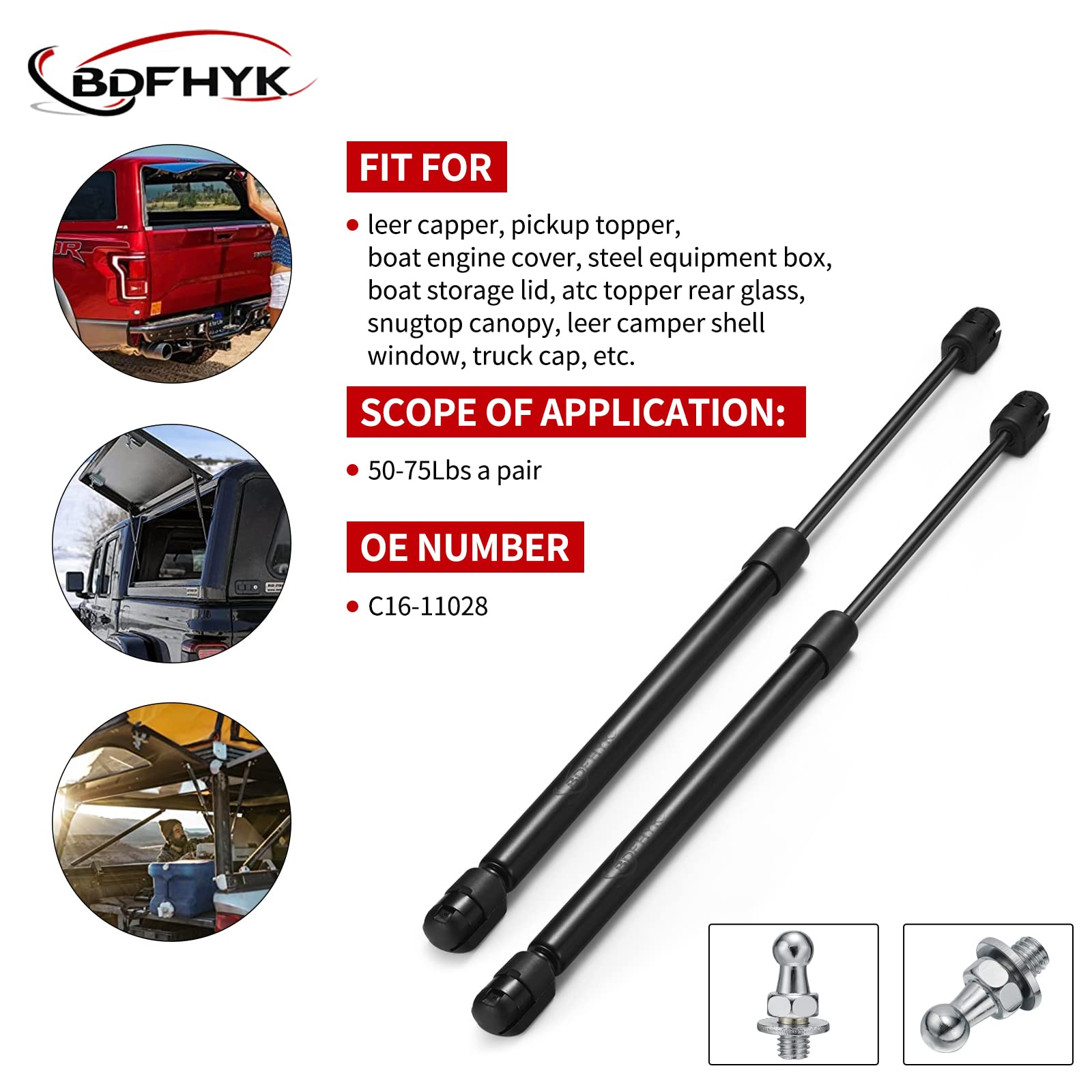 Bdfhyk C16-11028 12 Inch Gas Shocks Struts Lift Supports 40 Lbs/178N For Leer Are Camper Shell Rear Window Side Window Pickup Cab Canopy Door Tool Box, Black C1611028