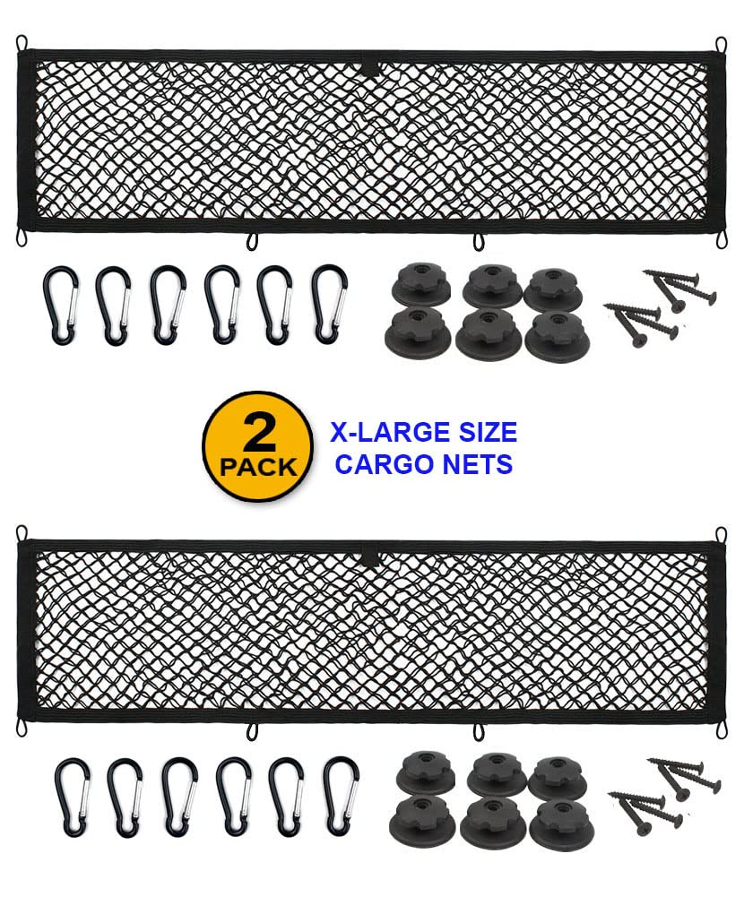 2 Pack, JE Extra Large Cargo Net for Trunk, RV, Boats Storage Mesh Pocket Net with 6 Mounting Screw/Built-in Hooks and 6 Carabin
