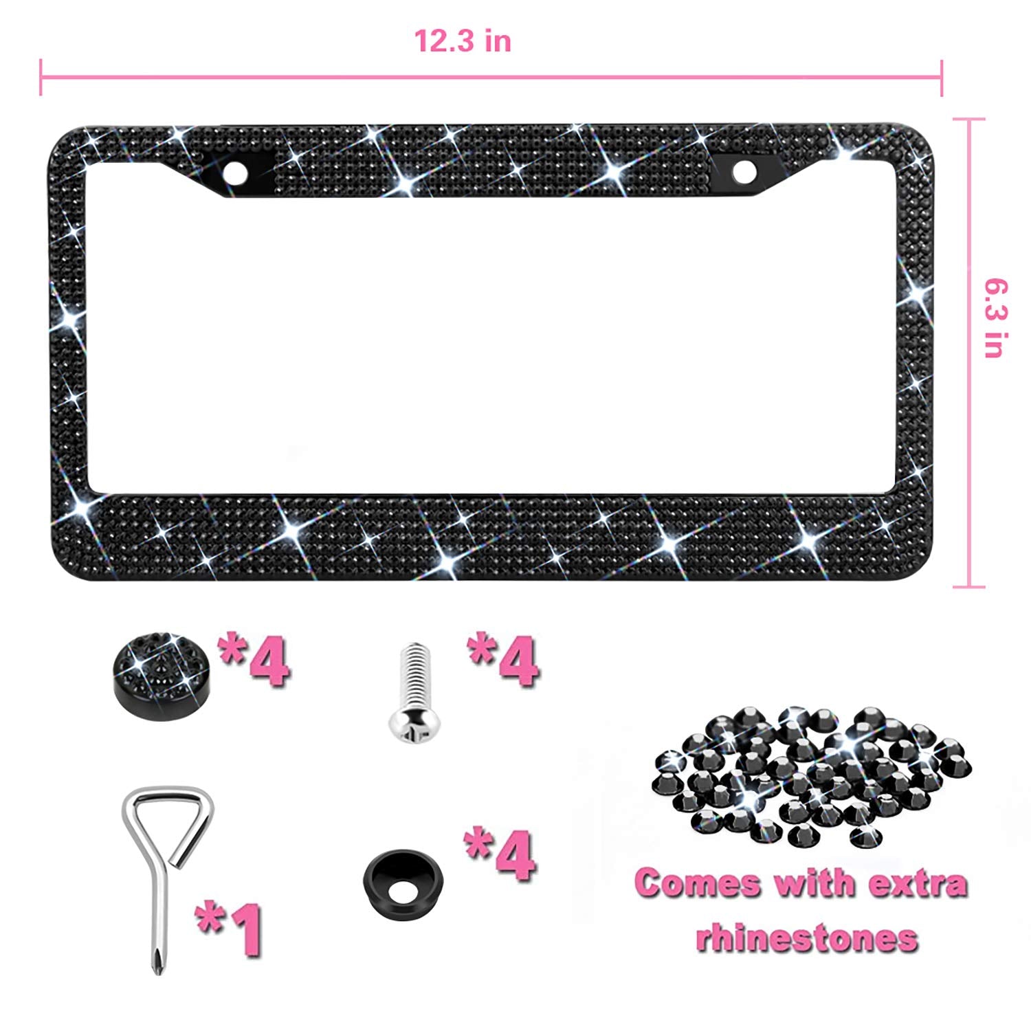 Sparkly Rhinestone License Plate Frame For Women - Stainless Steel With 1200 Black Glass Crystals