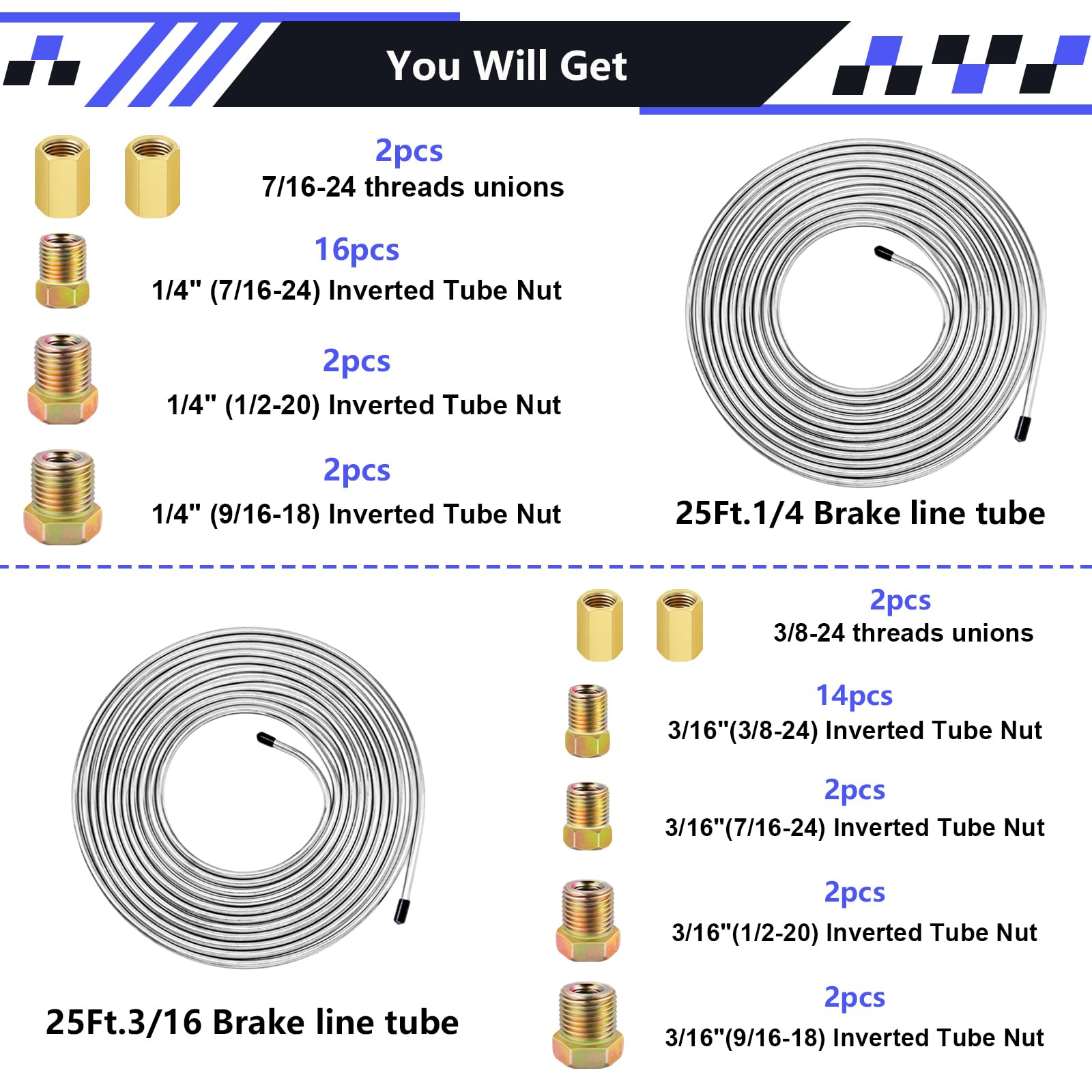 smseace 2Sets 25Ft. 3/16 '' and 1/4 '' Brake Line Tubing Kit with Brake Line Fittings(Includes 16pcs 3/16 ''&16pcs 1/4 '' Fittin