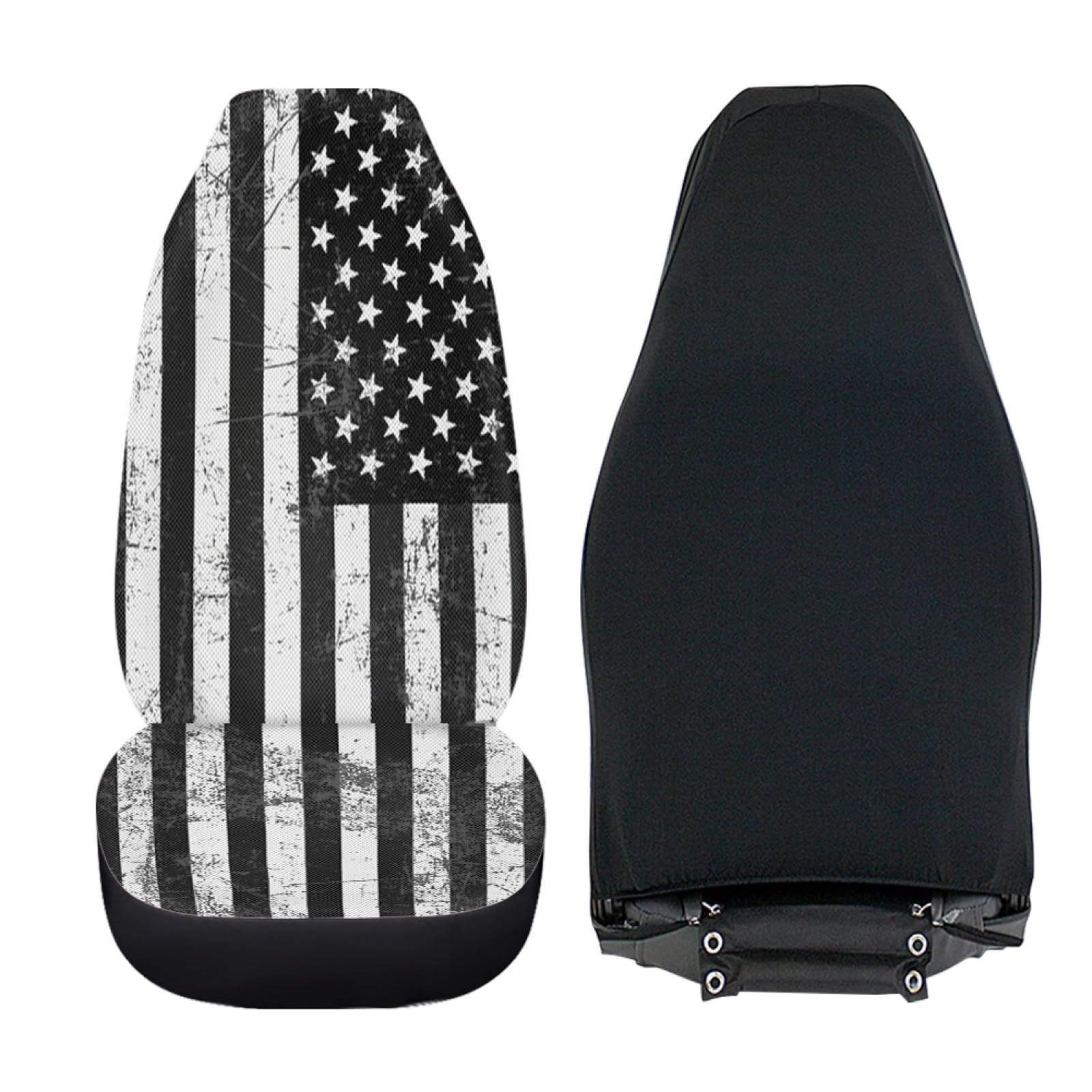 ELEQIN Patriotic American Flag Print Front Seat Cover 2 Pcs,Classic Black White Universal Vehicle Seat Protector Mat Covers, Fit