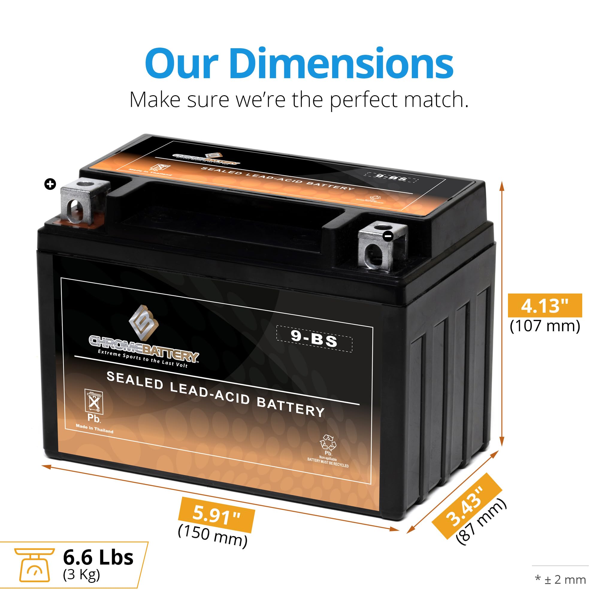 Chrome Battery YTX9-BS Maintenance Free Replacement Battery for ATV, Motorcycle, and Scooter: 12 Volts, 9 Amps, 8Ah, Nut and Bol