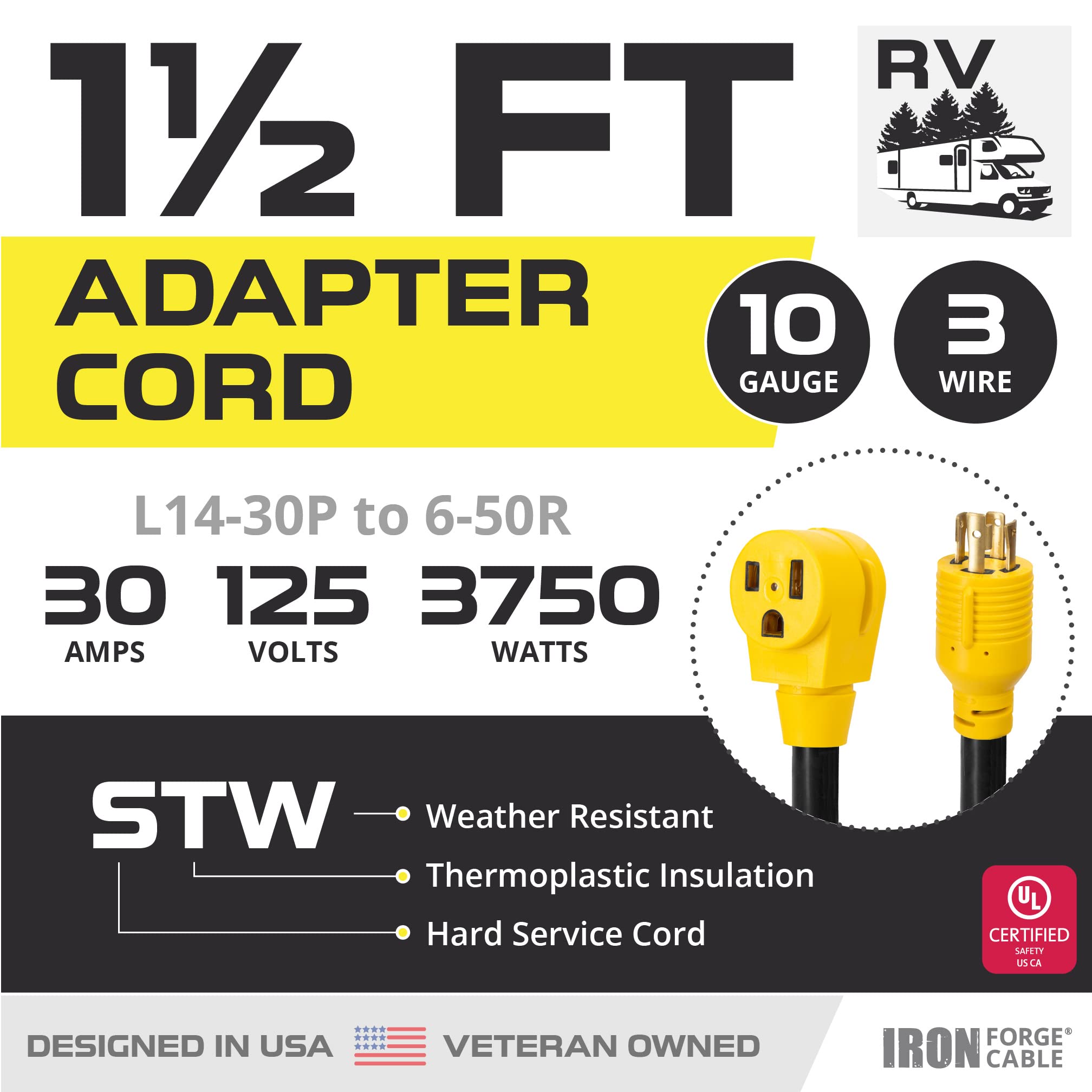 Iron Forge Cable 30 Amp To 50 Amp Generator Cord And Rv Electrical Adapter Power Cord, 1.5 Ft Generator Extension Cord - 10/3 Stw L14-30P Male Plug To 6-50R Female Receptacle