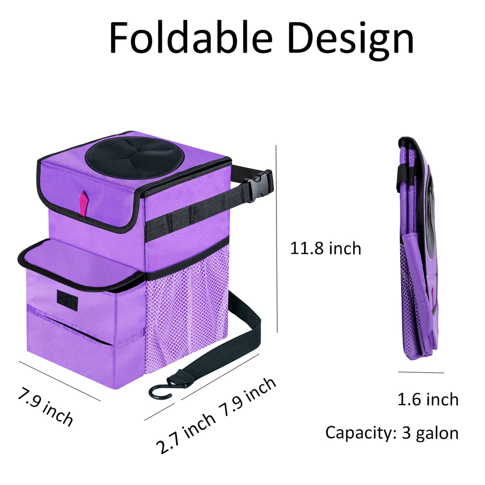 Gpusfak Car Trash Can Foldable Garbage Bin Leakproof 3 Gallons Purple