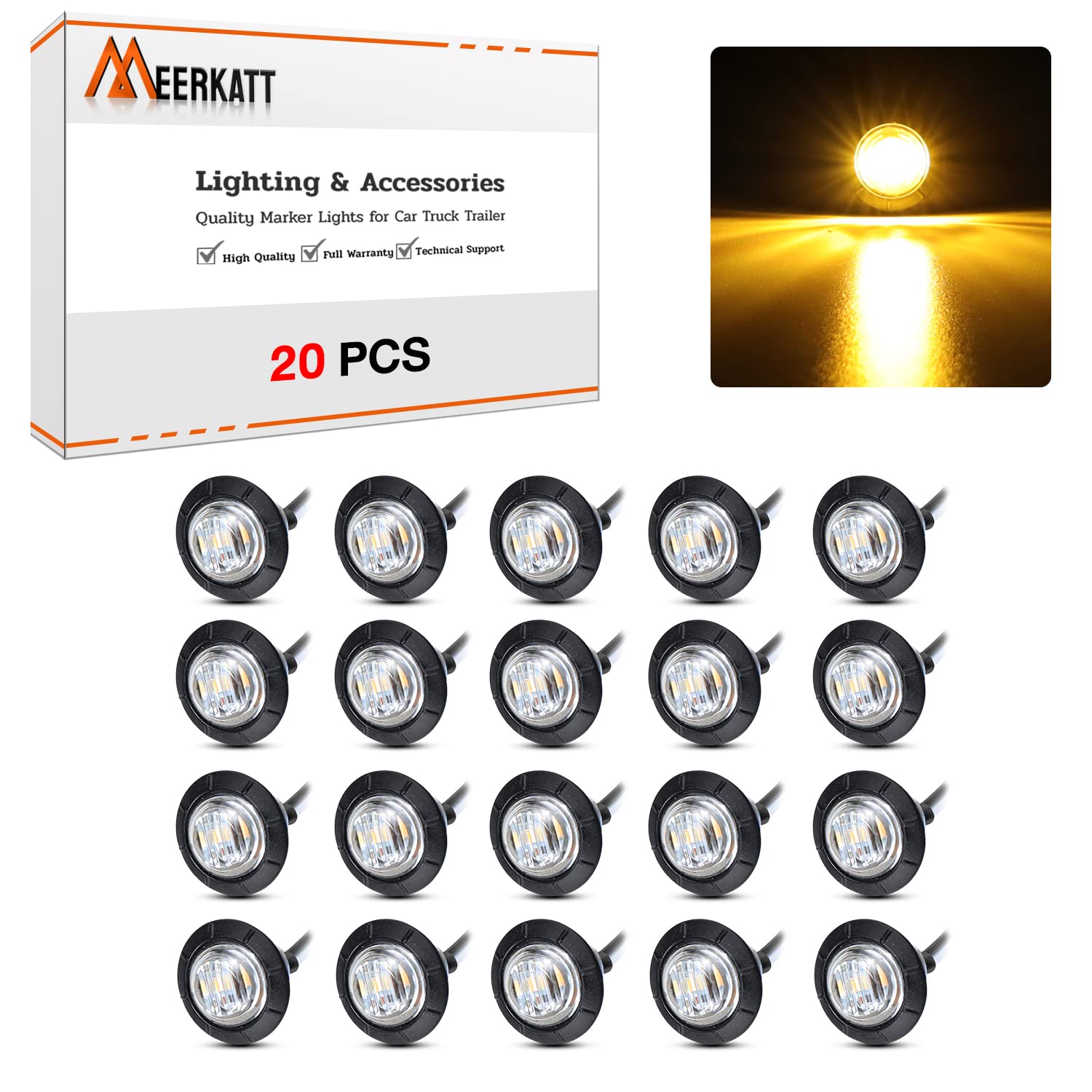 Madcatz (Pack Of 20) Meerkatt 3/4 Inch Mini Round Clear Lens Amber Led Mount Waterproof Side Marker Indicator Light W/Rubber Gro