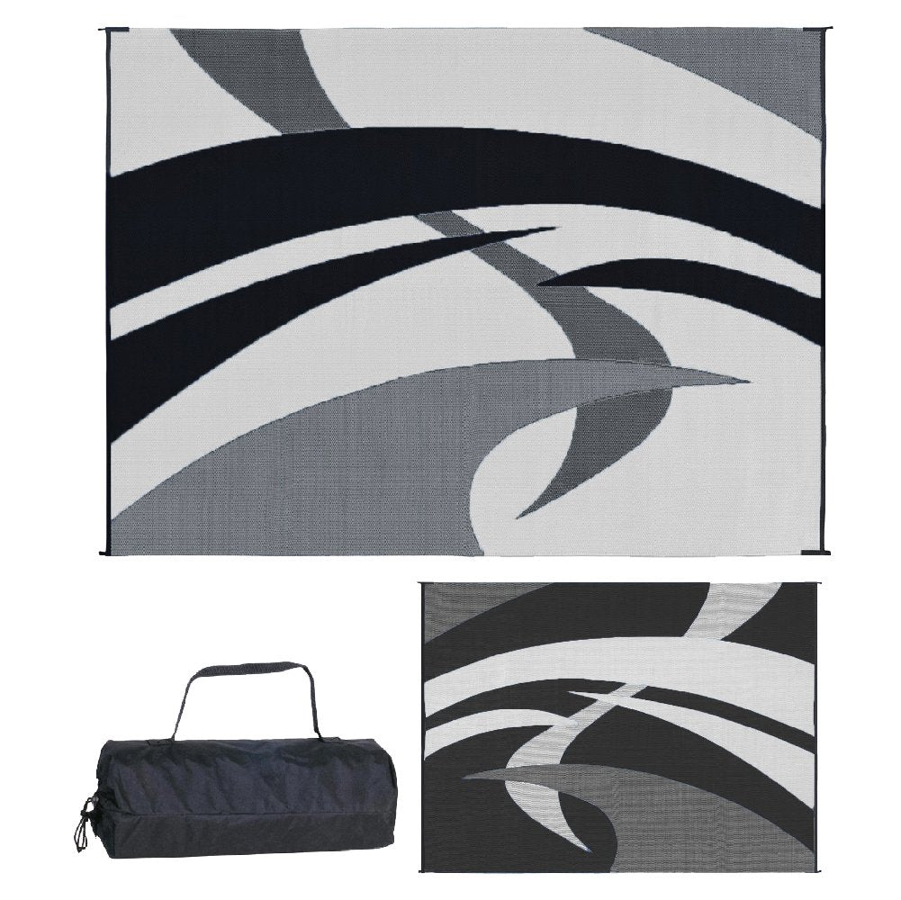 Stylish Camping Outdoor Patio / Rv Camping Mat - Swirl (Black/White, 9-Feet X 12-Feet)