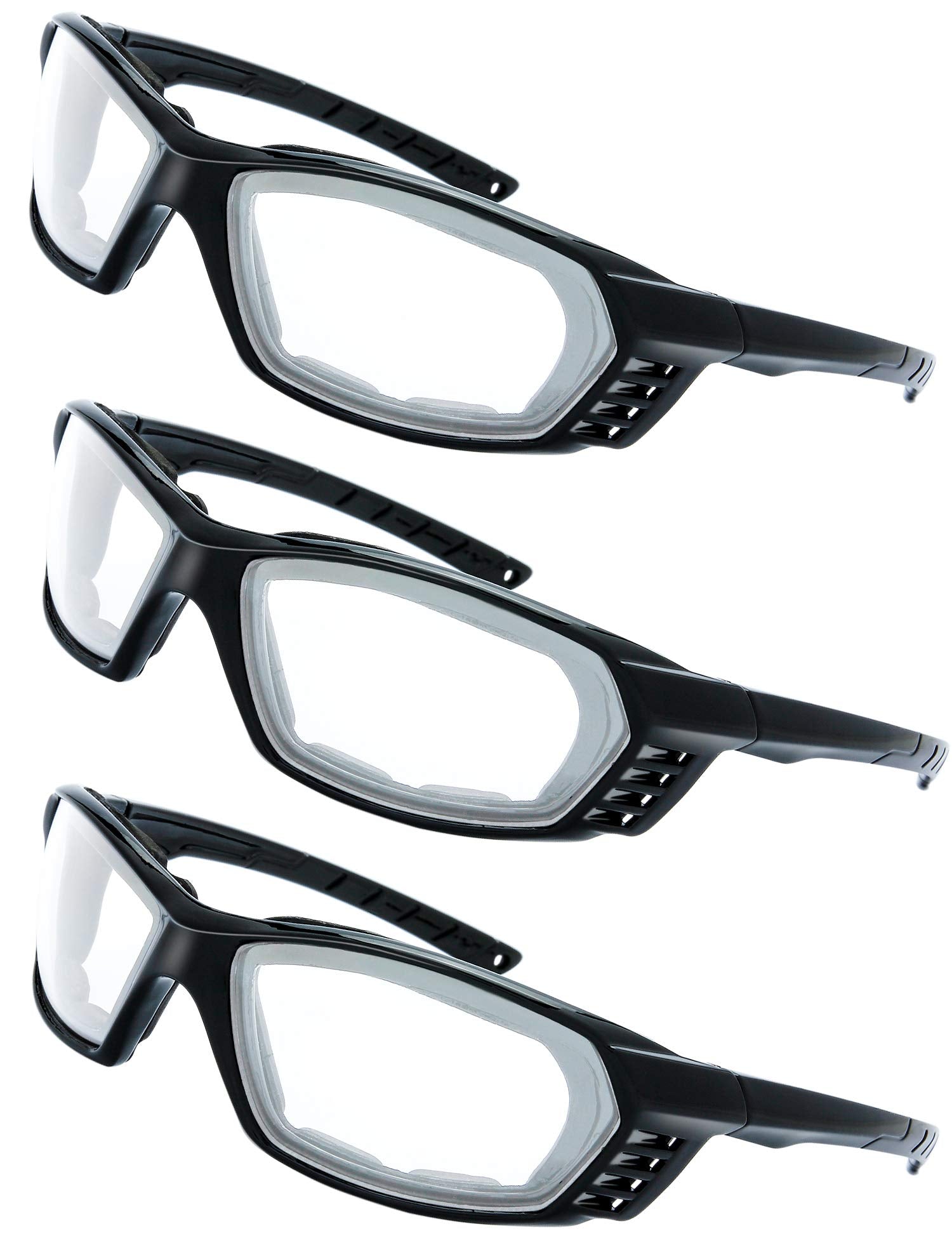 The Fresh Motorcycle Riding Glasses Padded Frame Lens Block 100% Uvb For Outdoor Activity Sport (22-Black, 3 Pairs Of Clear)