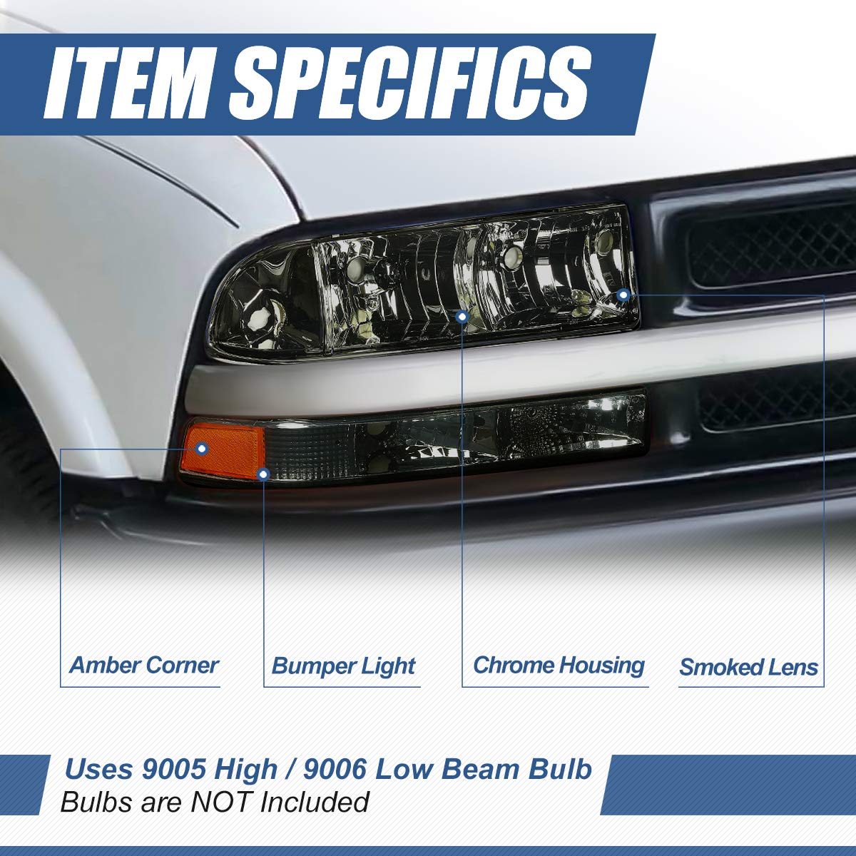 Auto Dynasty [Halogen Model] 4Pcs Factory Style Headlights Assembly With Bumper Lamps Compatible With Chevy S10 Blazer 98-04, Dr