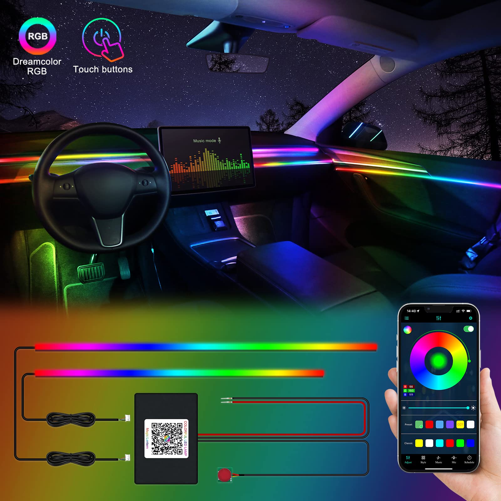 Acrylic Interior Car Led Strip Light With Wireless App, Rgb Dreamcolor 2 In 1 Ambient Lighting Kits, 16 Million Colors Sound Act