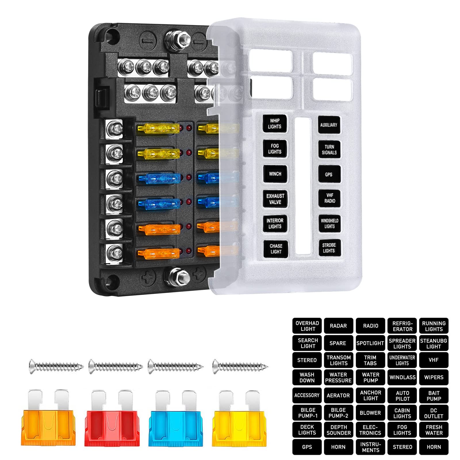 12-Way Marine Fuse Block,Waterproof 12V Fuse Block With Led Indicator For 12V/24V Automotive Golf Cart Truck Car Boat Marine Rv