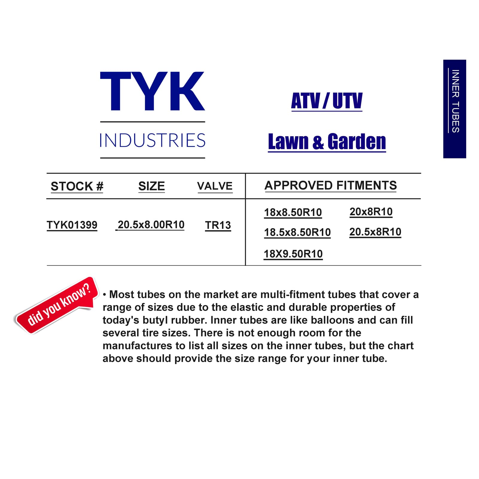 Tyk Industries 18X8.50-10 Lawn Mower Tire Inner Tube, Replacement 18.5X8.50-10 Tire Tube For Yard Tractors, Trailers With Tr13 S