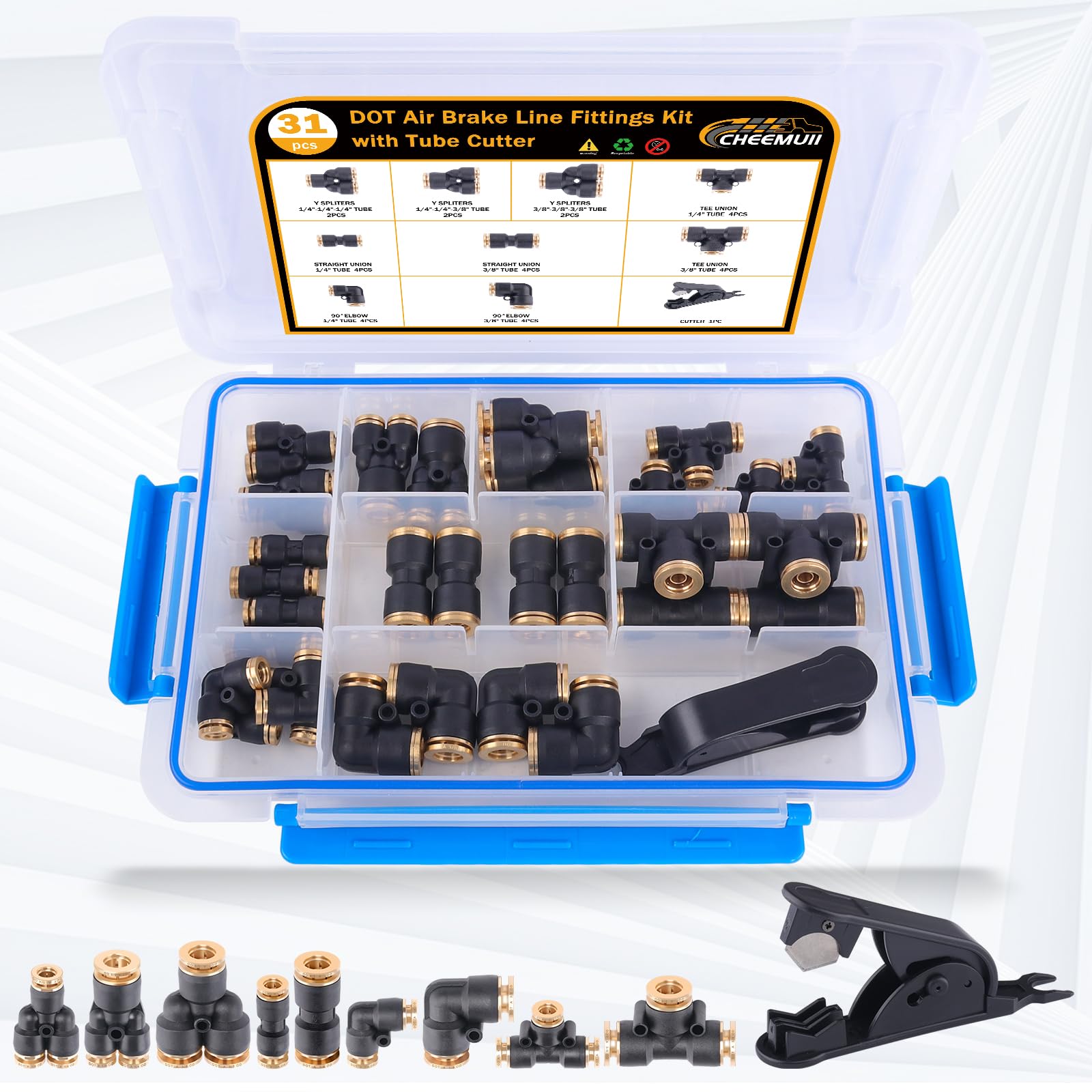 Cheemuii 31 Pcs Dot Air Brake Line Fittings 1/4'' 3/8'' Push To Connect Fittings Quick Connect Air Hose Fittings Repair Kit For