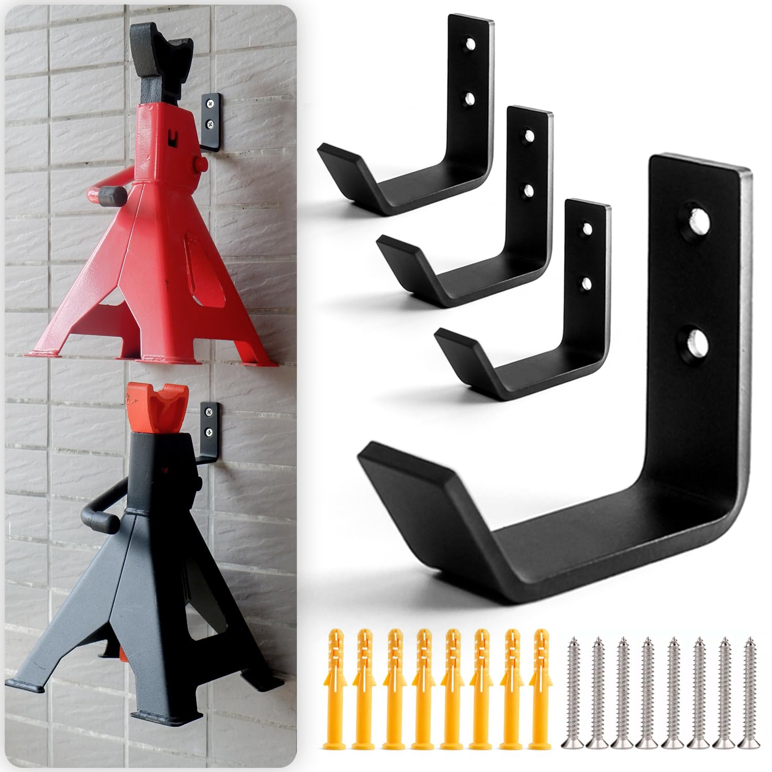 Aucuqu 4 Packs Jack Stands Wall Mount Organizer, Heavy Duty Stainless Steel Holder Hook Fits 2 & 3 & 4 & 6 Ton Jack Stands