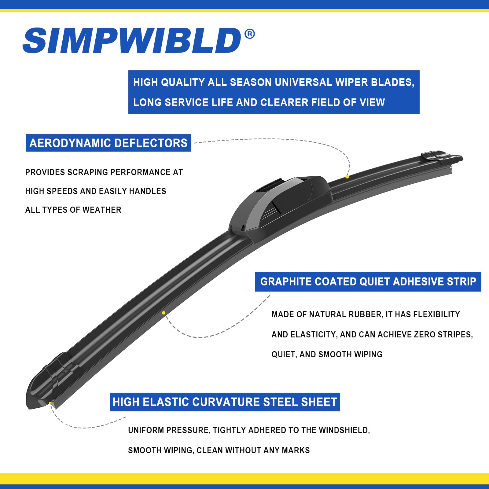 Simpwibld Wiper Blades,Premium All-Seasons Durable Stable And Quiet Oem Quality J Hook Front Windshield Wipers 22''+22'' (Set Of
