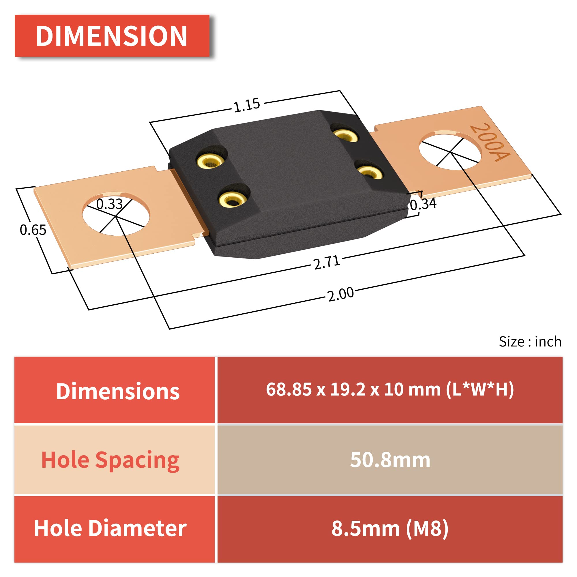 Joinfworld 3Pcs 200A MEGA Fuse, High Current Bolt Mount Automotive 200 Amp MEGA/AMG Fuse for Cars, Trucks, Construction Vehicles