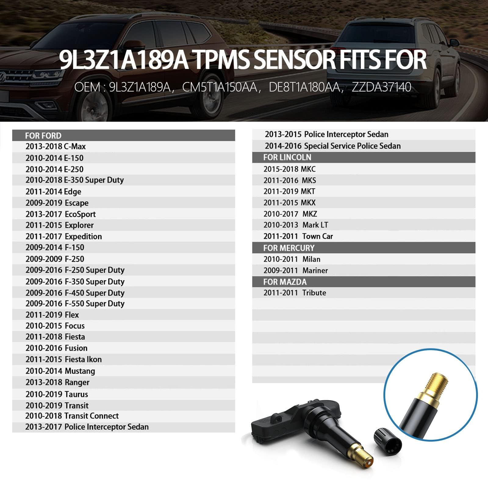 TPMS Sensors for Ford F150 F250 F350 F450 F550 2009-2016, Escape 2009-2019, Fusion 2010-2016, Lincoln MKX MKC, Pre-Programmed Ti