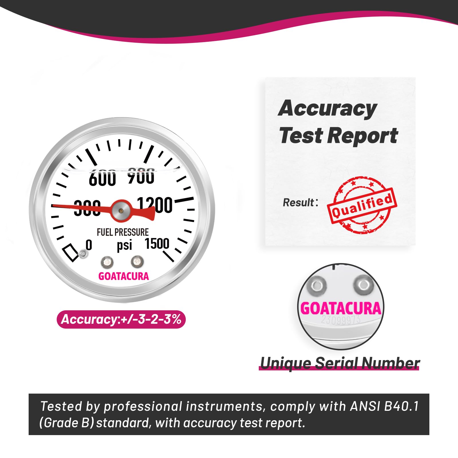 Goatacura 0-1500Psi Glycerin Filled Fuel Pressure Gauge, 1-1/2'' Dial Size, 304 Stainless Steel Case, 1/8'' Npt Center Back Moun