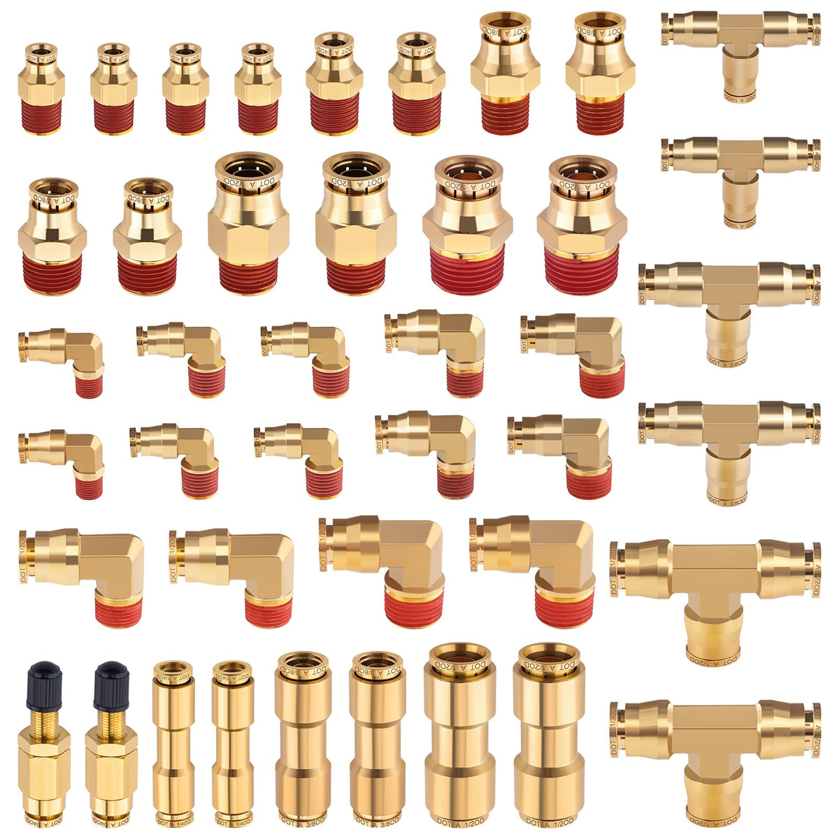 Cheemuii 43 Pcs Brass Dot Air Brake Line Fittings 1/4' 3/8' 1/2' Push To Connect Fittings Quick Connect & Npt Thread Tube Air Hose Fittings Repair Kit For Truck Or Industrial Air System