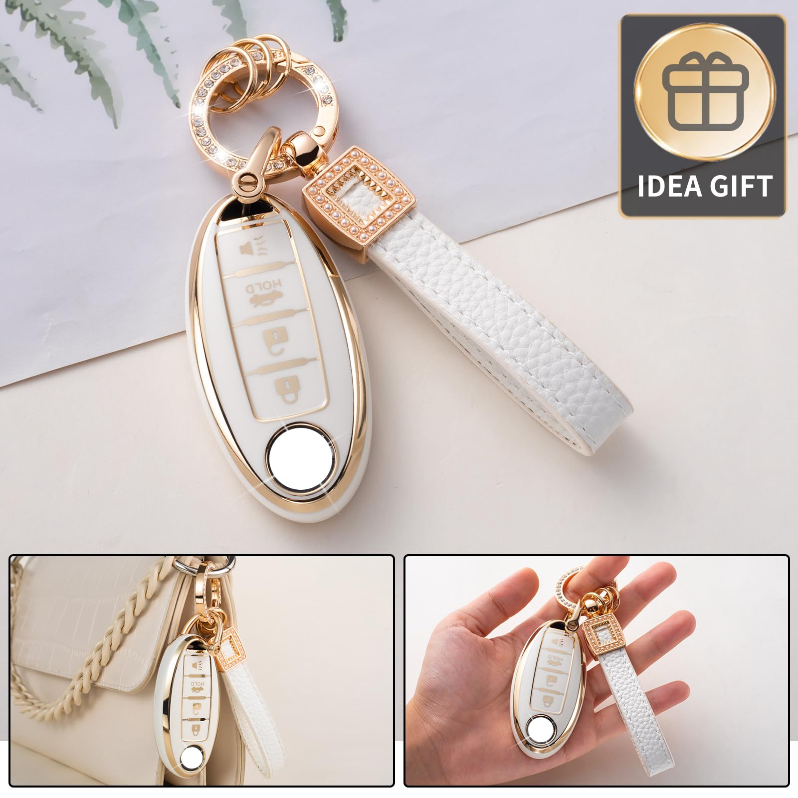 Cacarlike For Nissan Key Fob Cover With Leather Lanyard, Car Key Fob Case Compatible With Altima Maxima Murano Rogue Sentra Sent