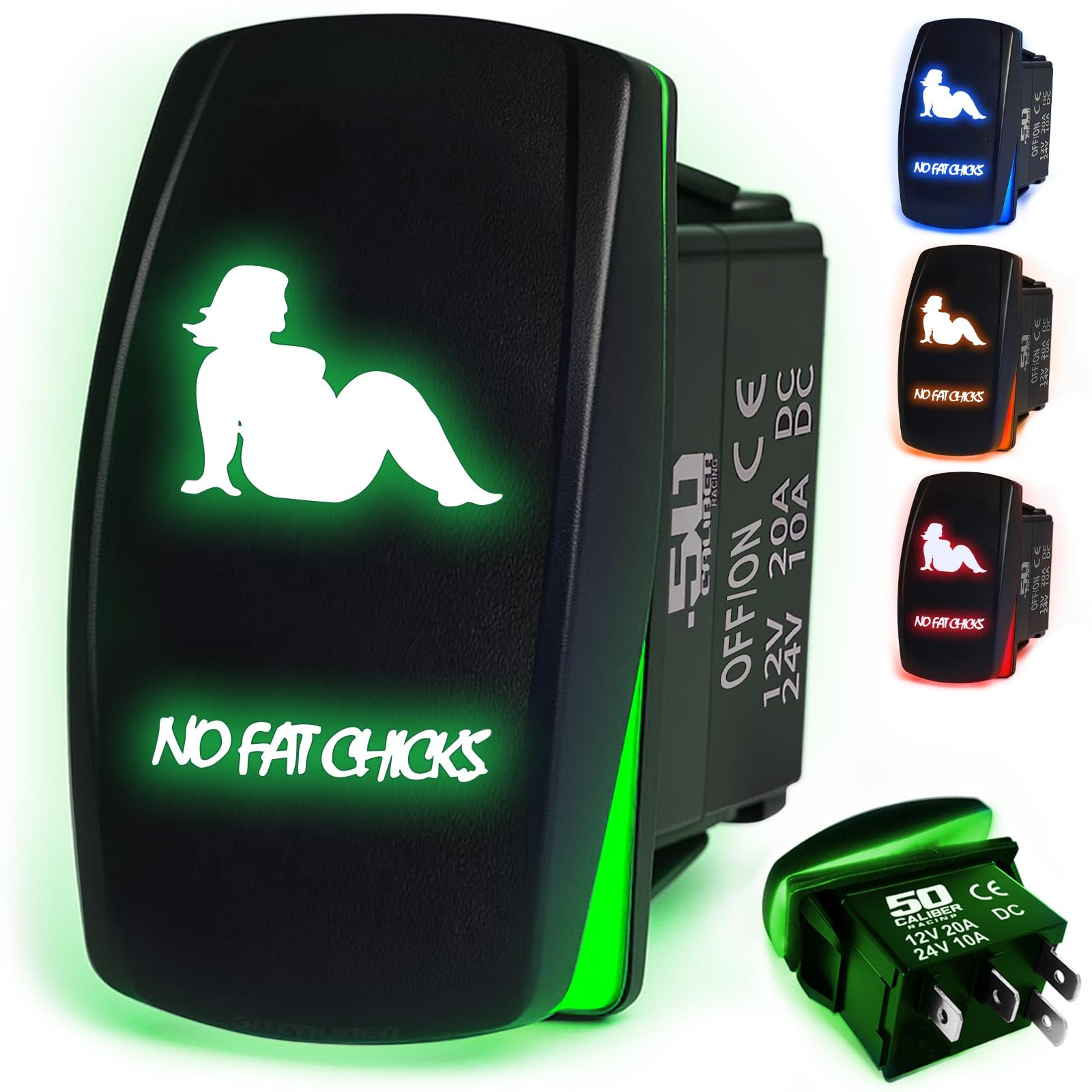 50 Caliber Racing Rocker Switch On/Off Led Backlit -No Fat Chicks- Utv, Auto, Boat 20A 12V (Green)