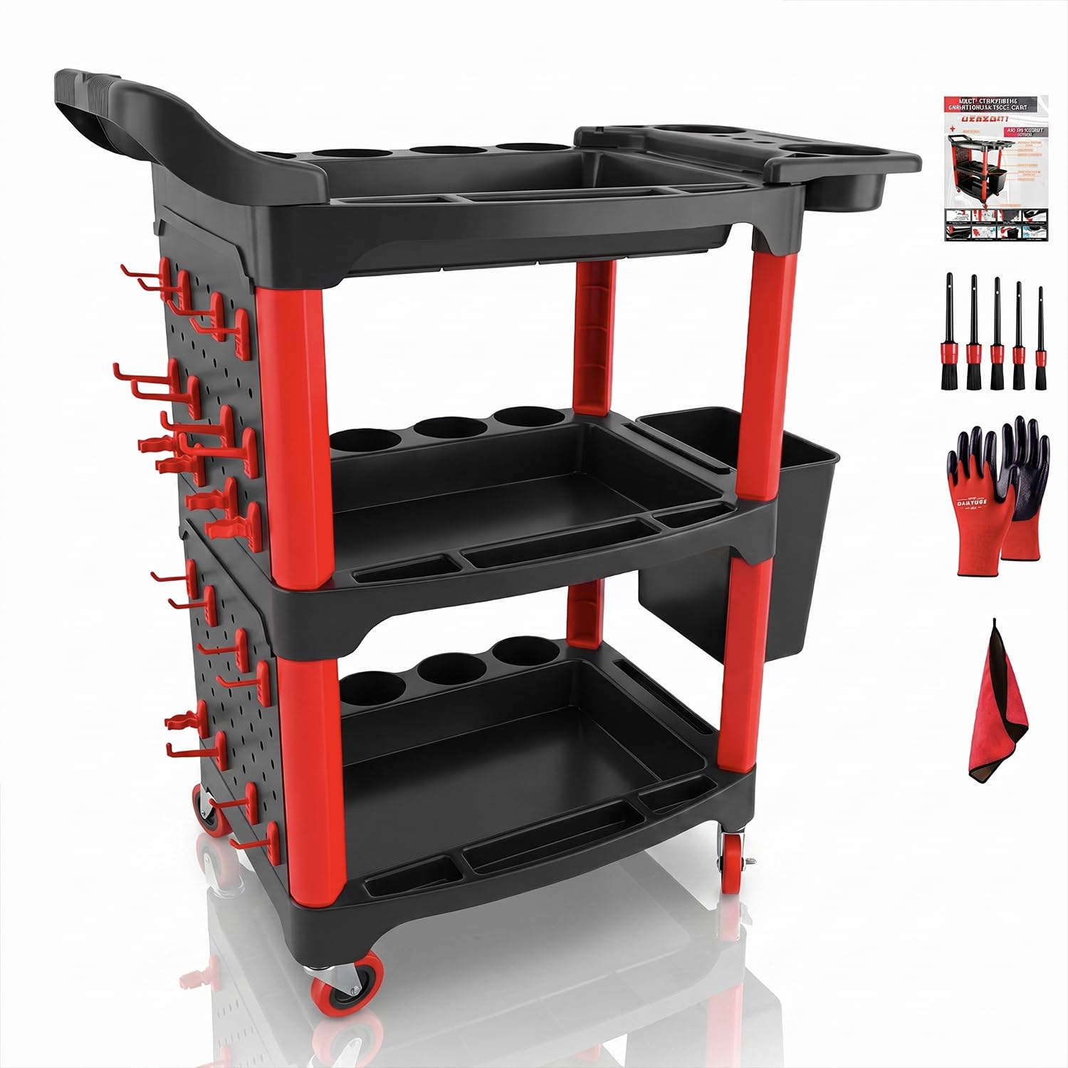 DESEQPT Auto Detailing Cart with Wheels, 3 Tier Rolling Detail Cart with Long Hanging Plate & Hooks & Hanging Bucket & Cat Ear B