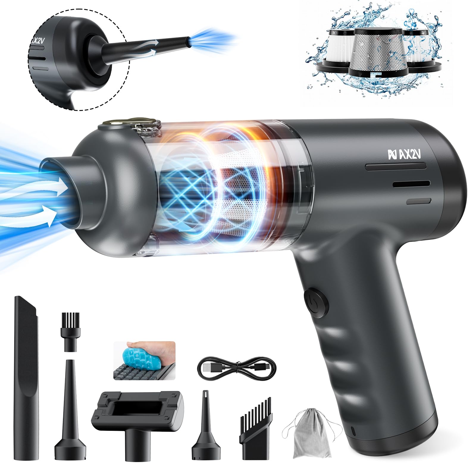 AX2V Handheld Vacuum Cordless Rechargeable - 2 in 1 Portable High Power Vacuum 16000PA Suction for Car with Cleaning Gel for Hom