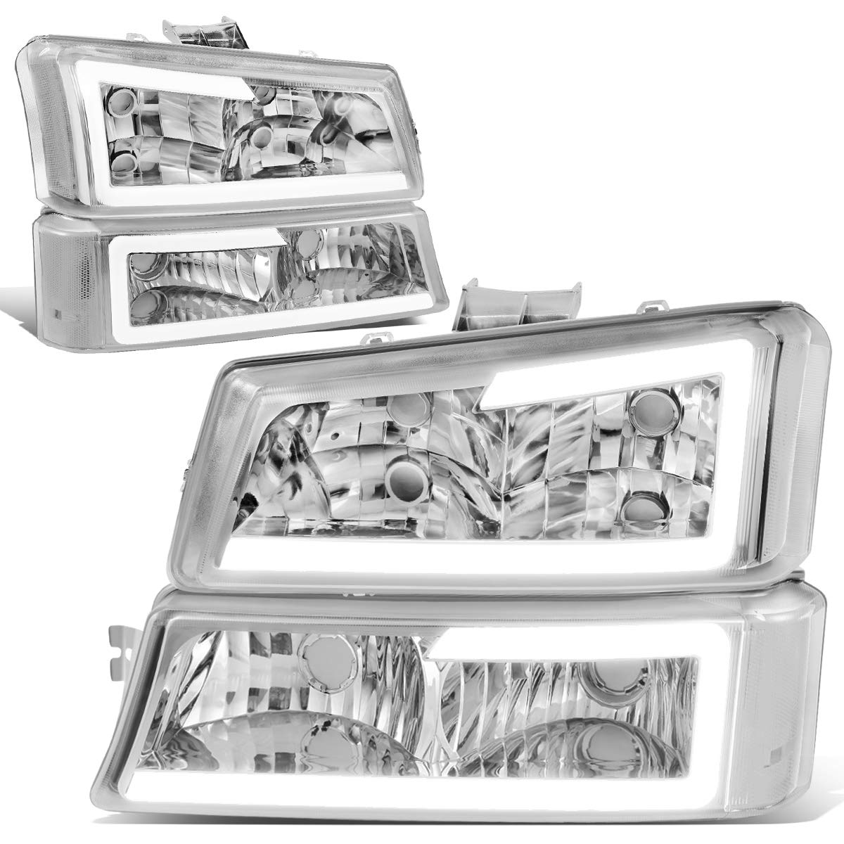 Dna Motoring Hl-Lb-Csil03-Ch-Cl1 Chrome Housing 3D Led Drl Headlight Bumper Lamp Set Compatible With 03-06 Silverado 1500-3500 /