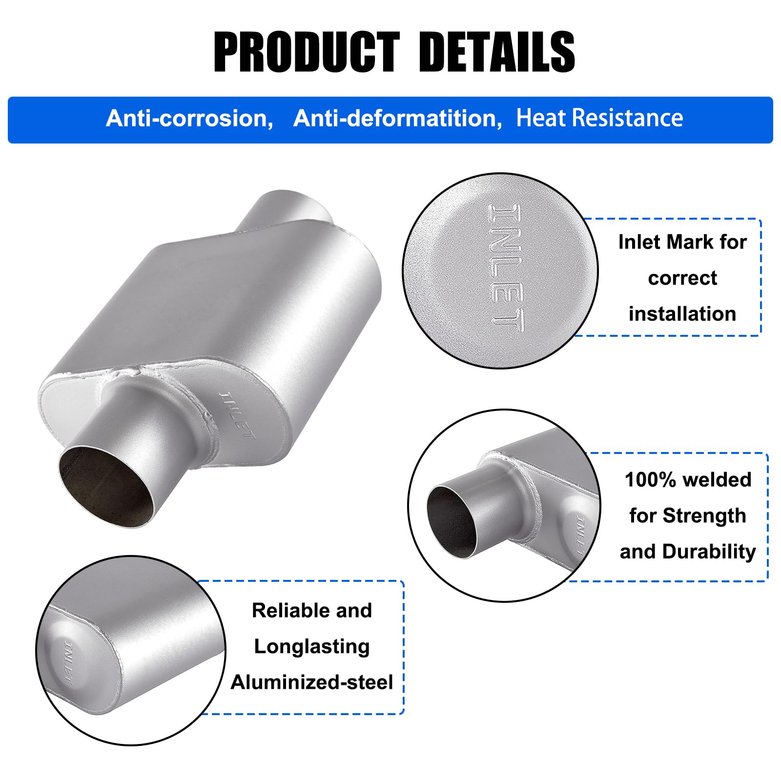 Floshine Universal Mufflers,Performance Automotive Exhaust Muffler,Single Chamber 2.5 Inch Inlet/2.5 Inch Outlet Fh425109
