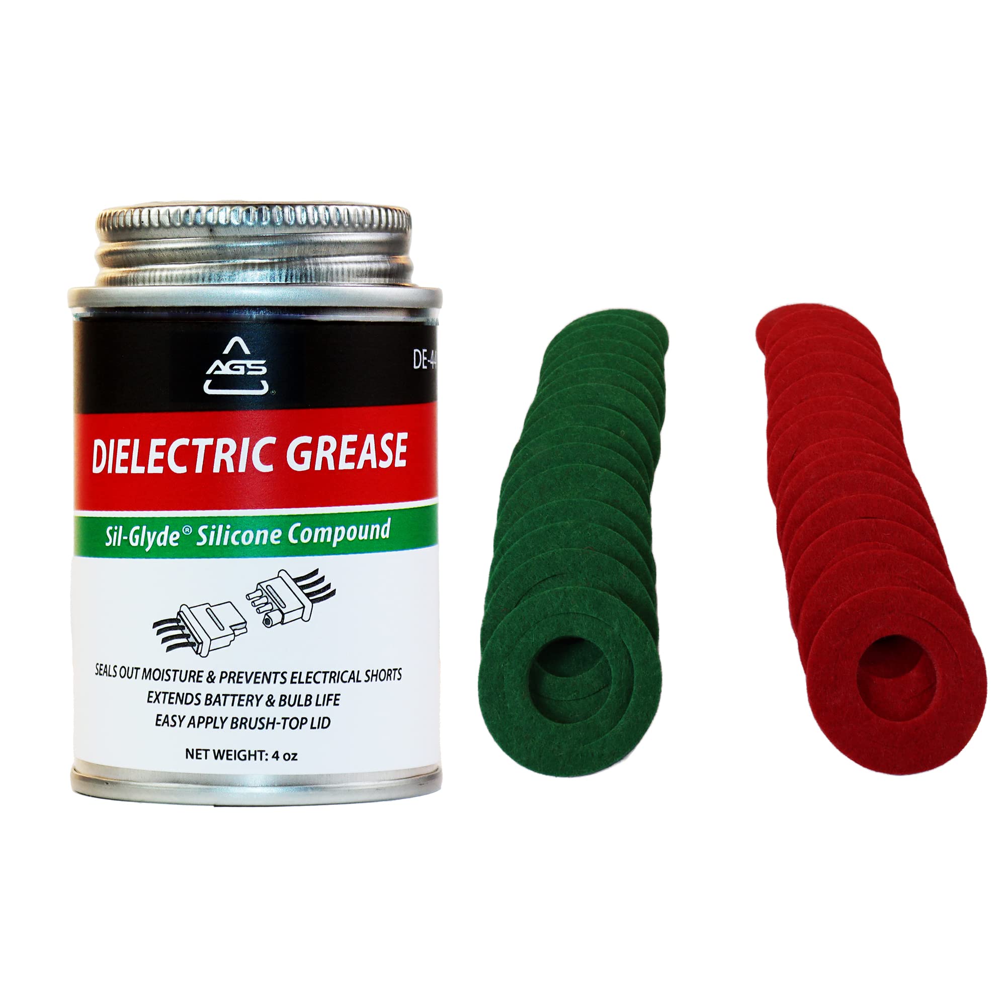 Ags Company Dielectric Silicone Grease Compound - 4Oz Brush Top Can With 30 Battery Terminal Washers, Automotive Battery Kit, 10 Red & 10 Green Felt Washers And Battery Protectant Grease