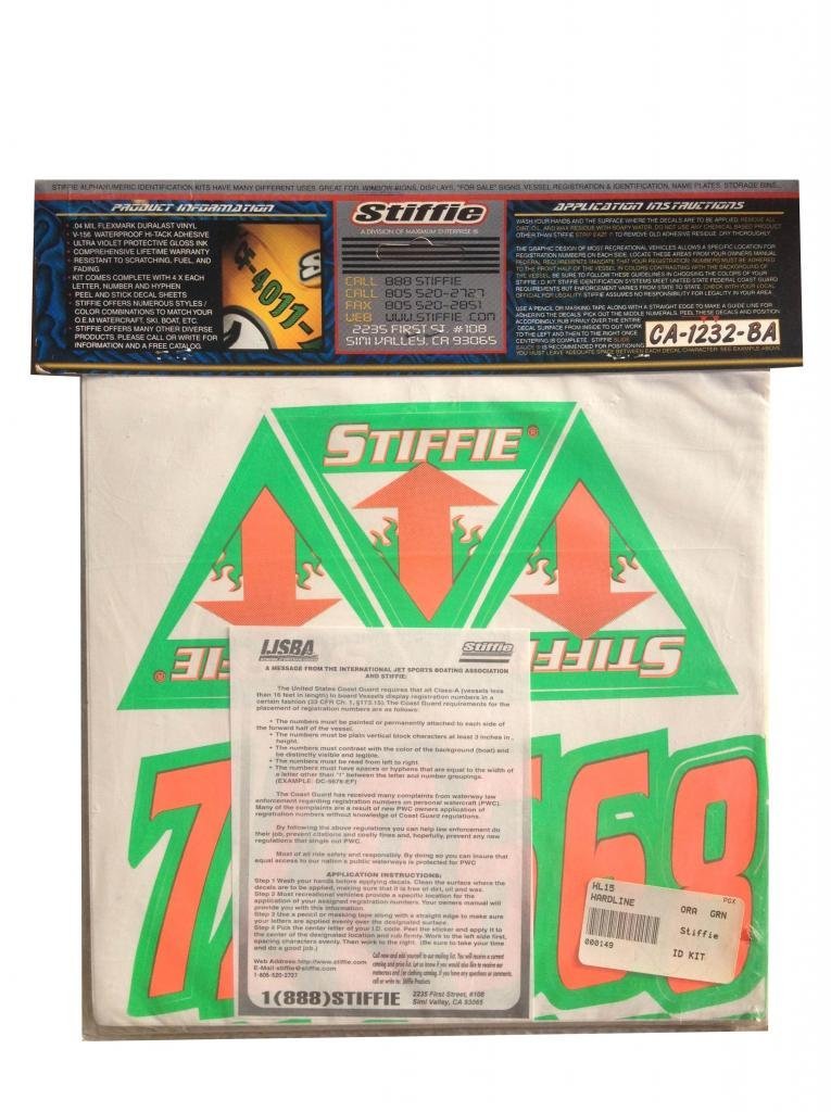 Stiffie Hardline Orange/Green 3'' Alpha-Numeric Registration Identification Numbers Stickers Decals For Boats & Personal Watercr