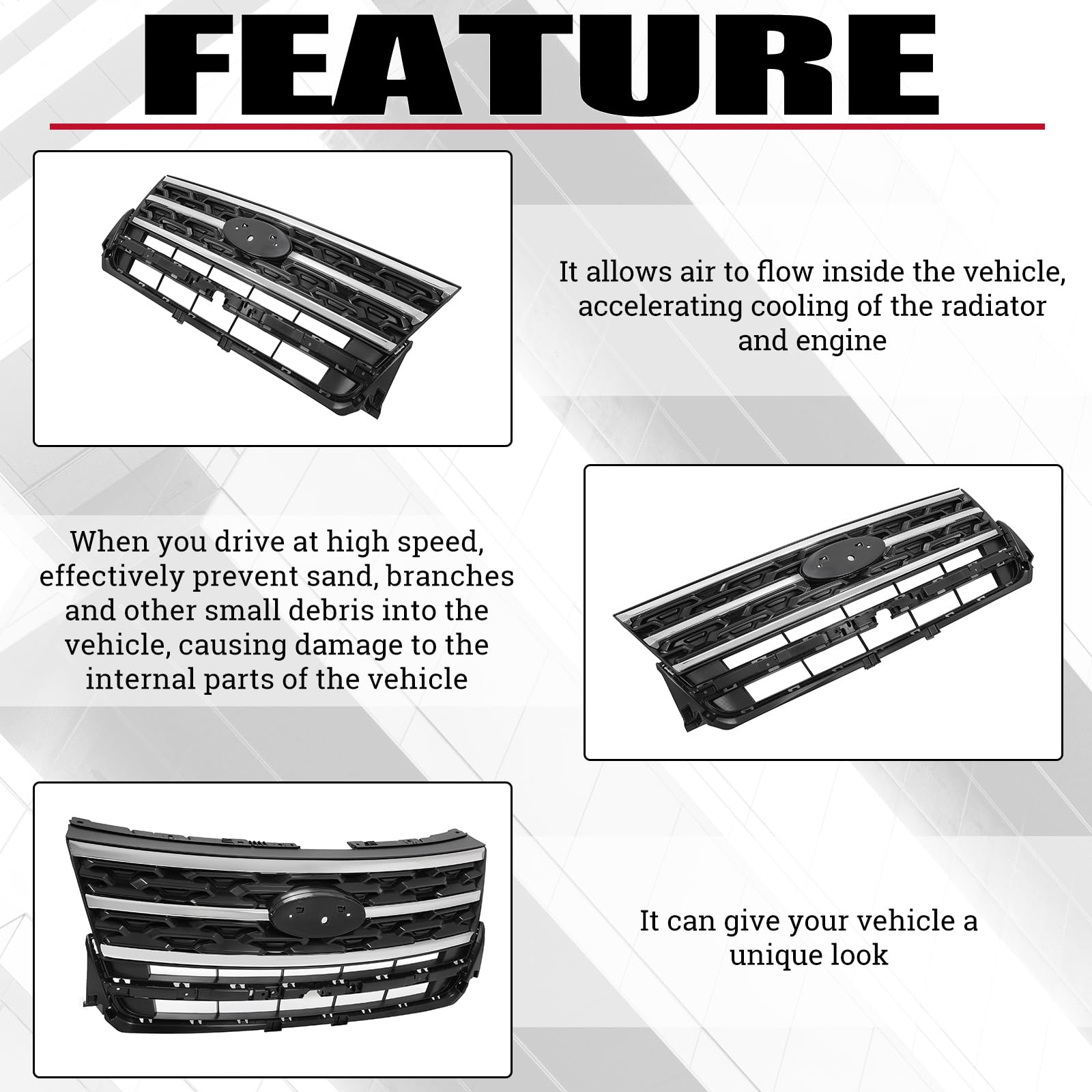 HECASA Front Grille Grill Compatible with 2018-2019 Ford Explorer Front Bumper Upper Hood Grill Chrome Black & Silvery