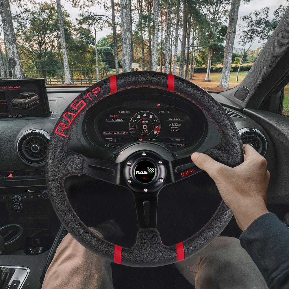 RASTP Universal Racing Steering Wheel,Deep Dish Steering Wheel Leather Embroidery 13.58”/345mm 6 Bolts with Horn Button Include Cable, Wrench,Black