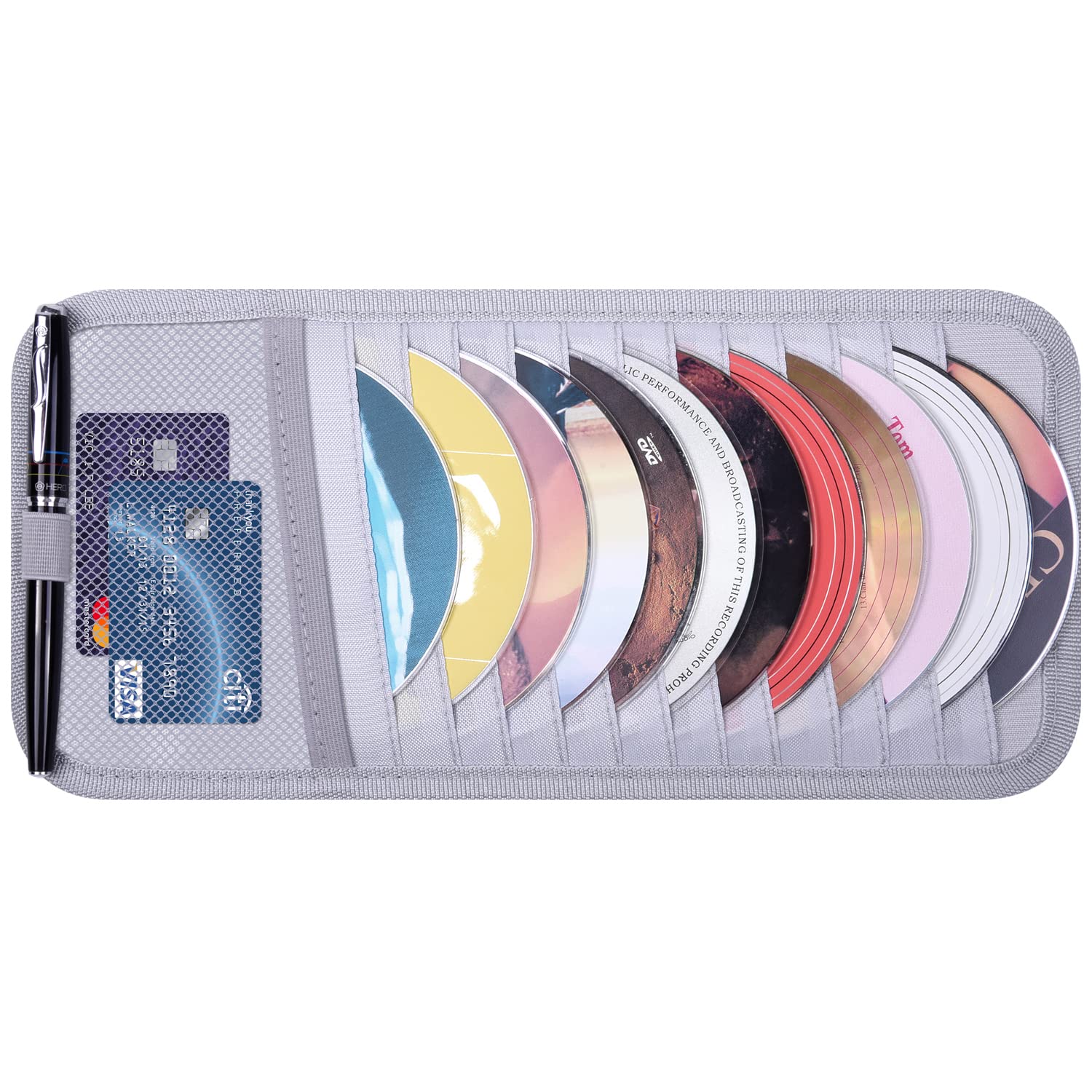 Wisdompro Car Cd Case Holder, Vehicle Sun Visor Organizer For Cars With 12 Dvd Storage Sleeves, 1 Mesh Pocket, 1 Pen Holder And