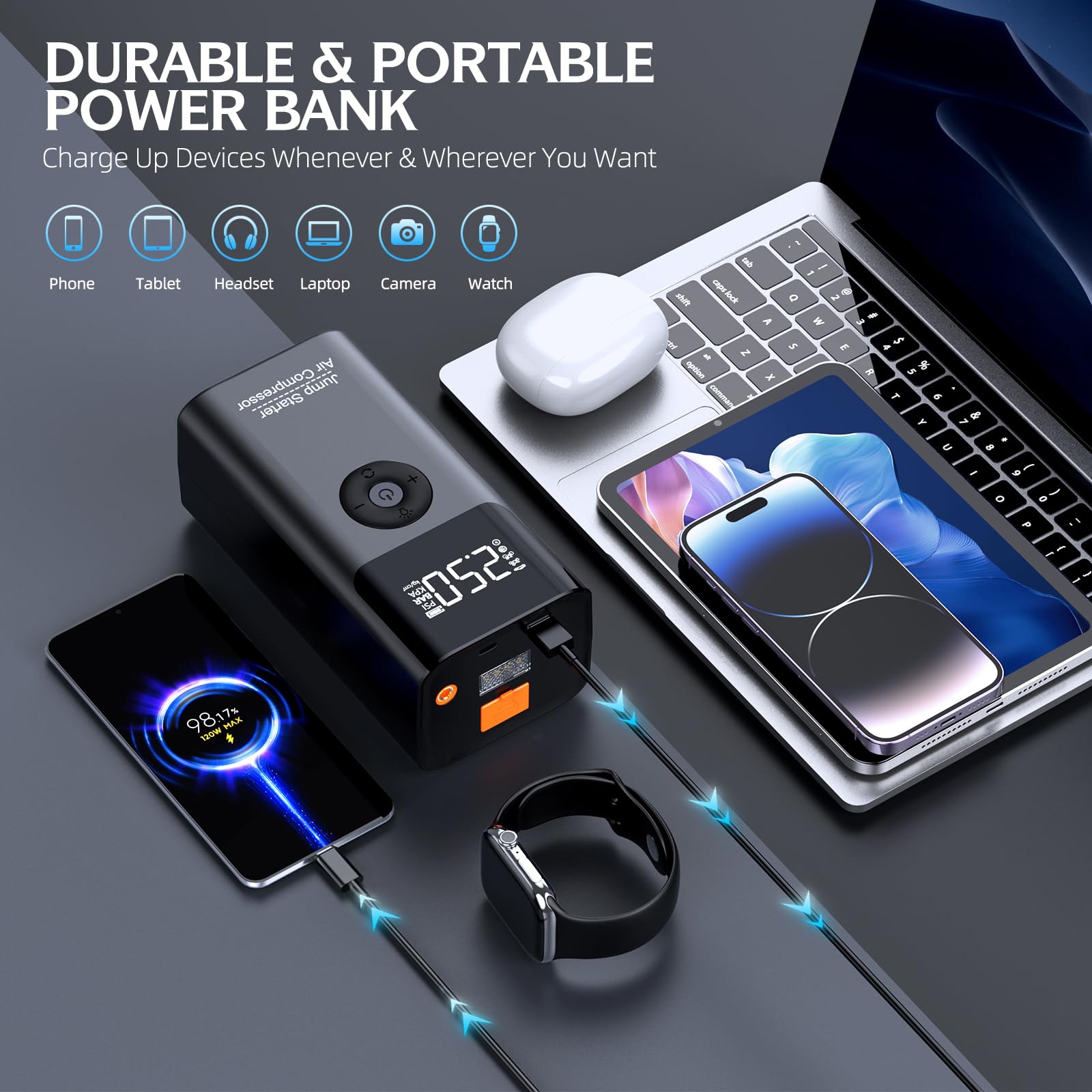 Jump Starter with Air Compressor, LERTIN 3500A 150PSI Portable Car Battery Jump Starter Pack, for Up to 9.0 Gas/8.0L Diesel Engi