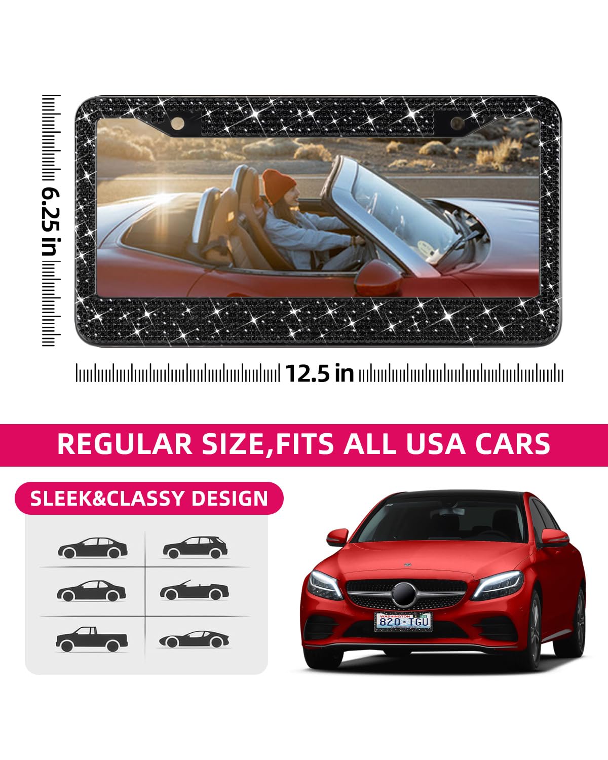 Sparkly Rhinestone License Plate Frame For Women - Stainless Steel With 1200 Black Glass Crystals