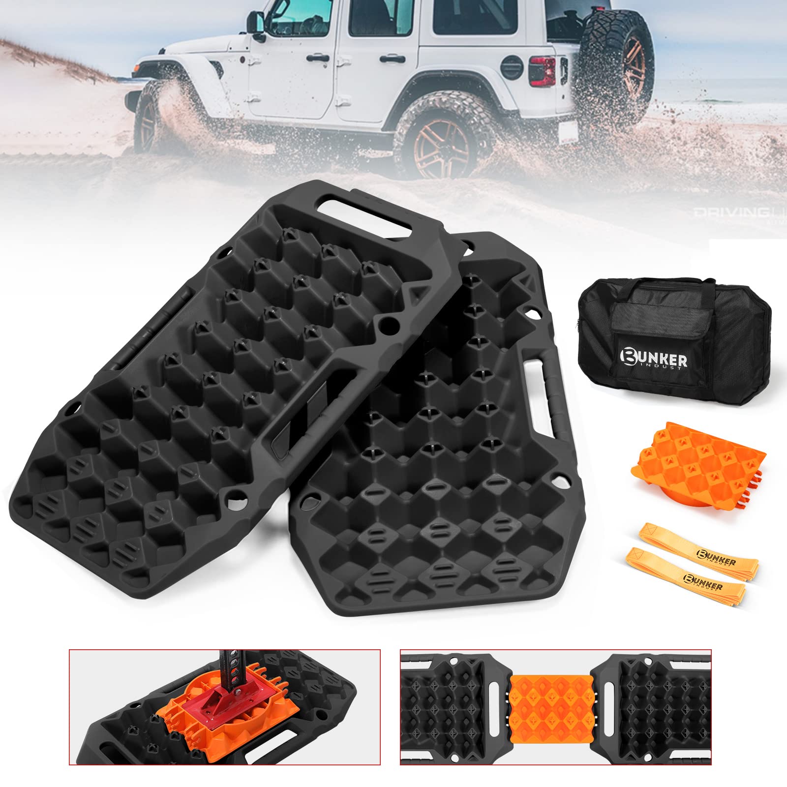 Bunker Indust Offroad Traction Boards With Jack Base,Pair Multifunctional Recovery Tracks Tire Traction Mat Snow Mud Sand Ramp-B