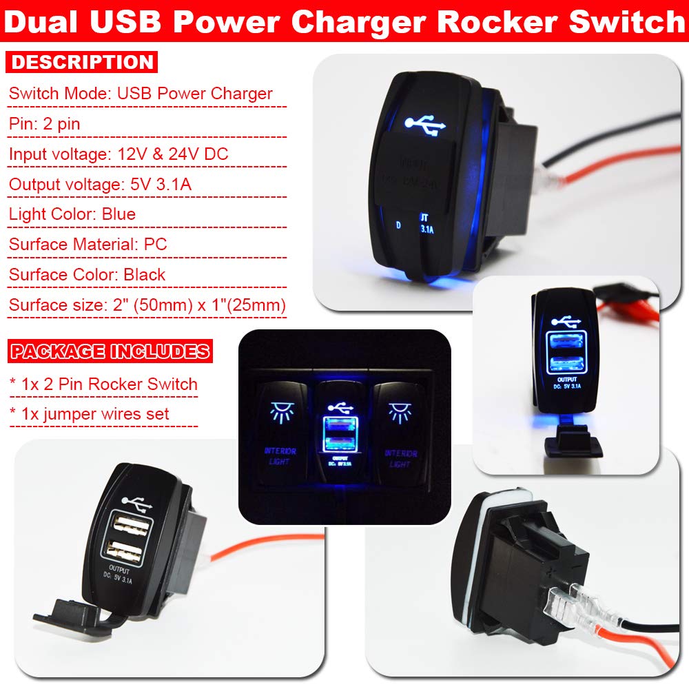 Dual USB Power Charger Rocker Switch Blue Backlit 12V-24V Compatible with UTV Polaris Ranger RZR XP Turbo Can Am Commander Maver