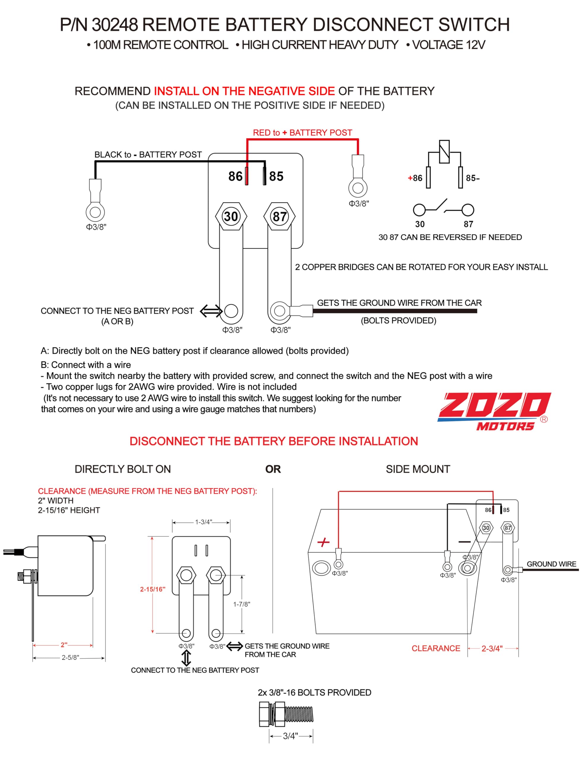 ZOZOMOTORS 3/8" Side Post Battery Disconnect Switch 12V, 200/1000 AMP Heavy Duty, Black, Anti Theft for Car, Truck, UTV, ATV