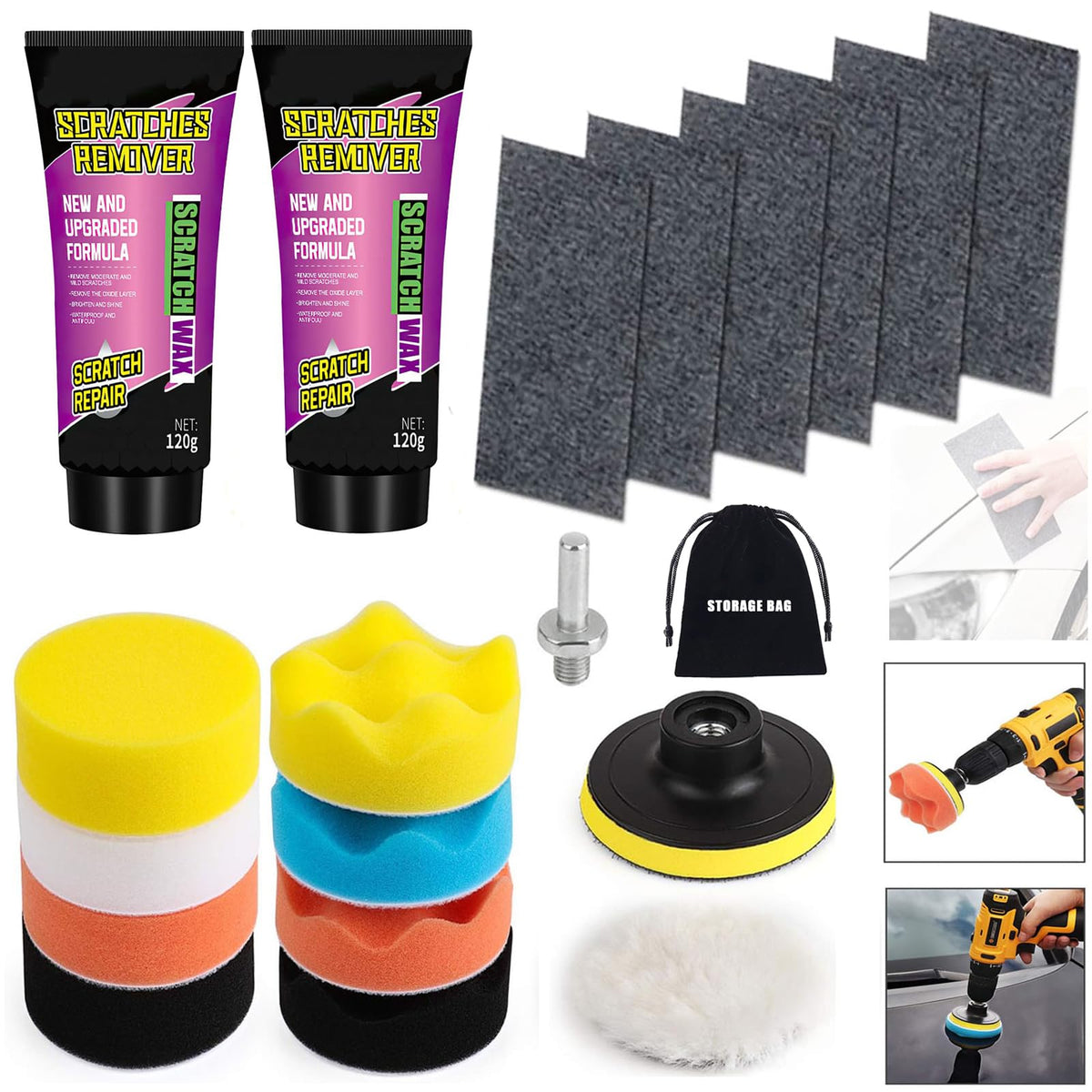 Nano Sparkle Cloth Car Scratch Remover and Scratch Repair Paste for Vehicles, Erase Car Scratches 5 in 1 Kit, 3 Inch Buffing Pad