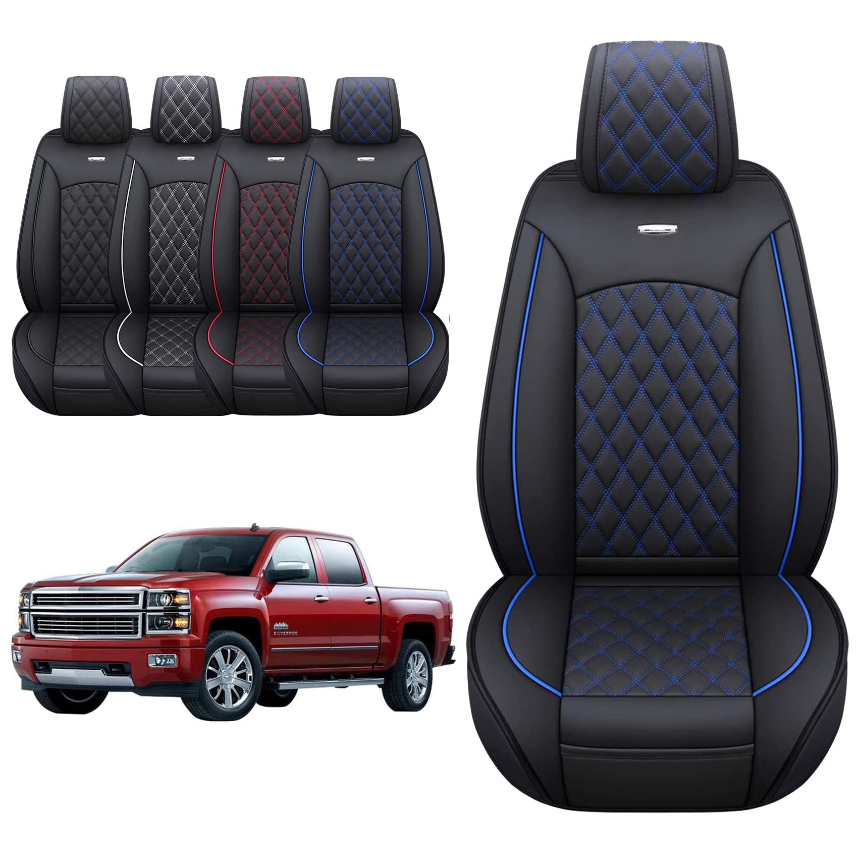 Aierxuan Chevy Silverado Gmc Sierra Car Seat Covers Pickup Trail Boss Z71 Custom Fit 2007-2024 1500 2500Hd 3500Hd Crew Double Extended Cab Waterproof Leather Cushions (2 Pcs Front, Black-Blue)