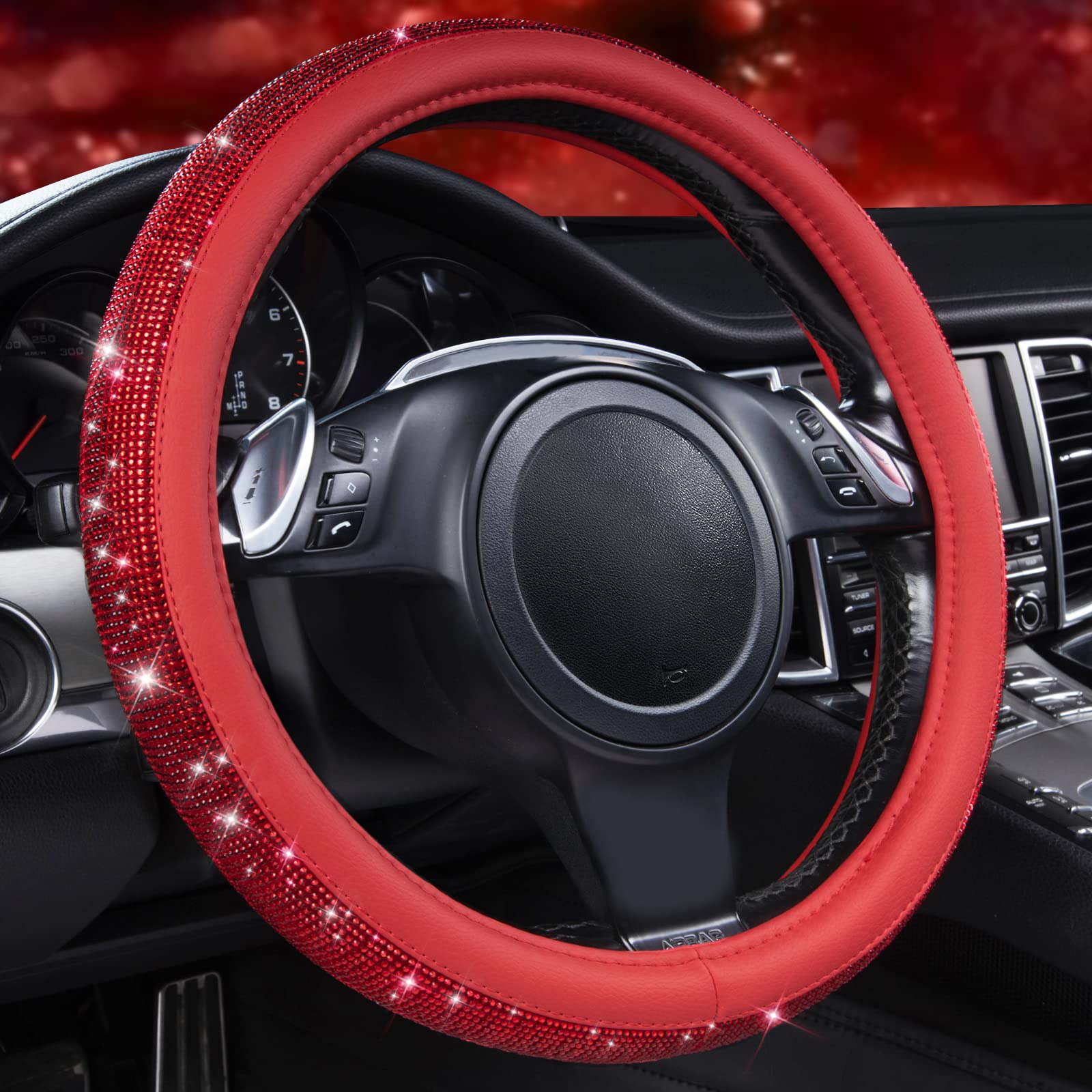 Car Pass Bling Diamond Leather Steering Wheel Cover, With Bling Sparkly Crystal Glitter Rhinestones Universal Fit 14 1/2-15 Car Wheel Protect For Women Girl Fit Suvs,Vans,Sedans,Cars,Trucks, Red