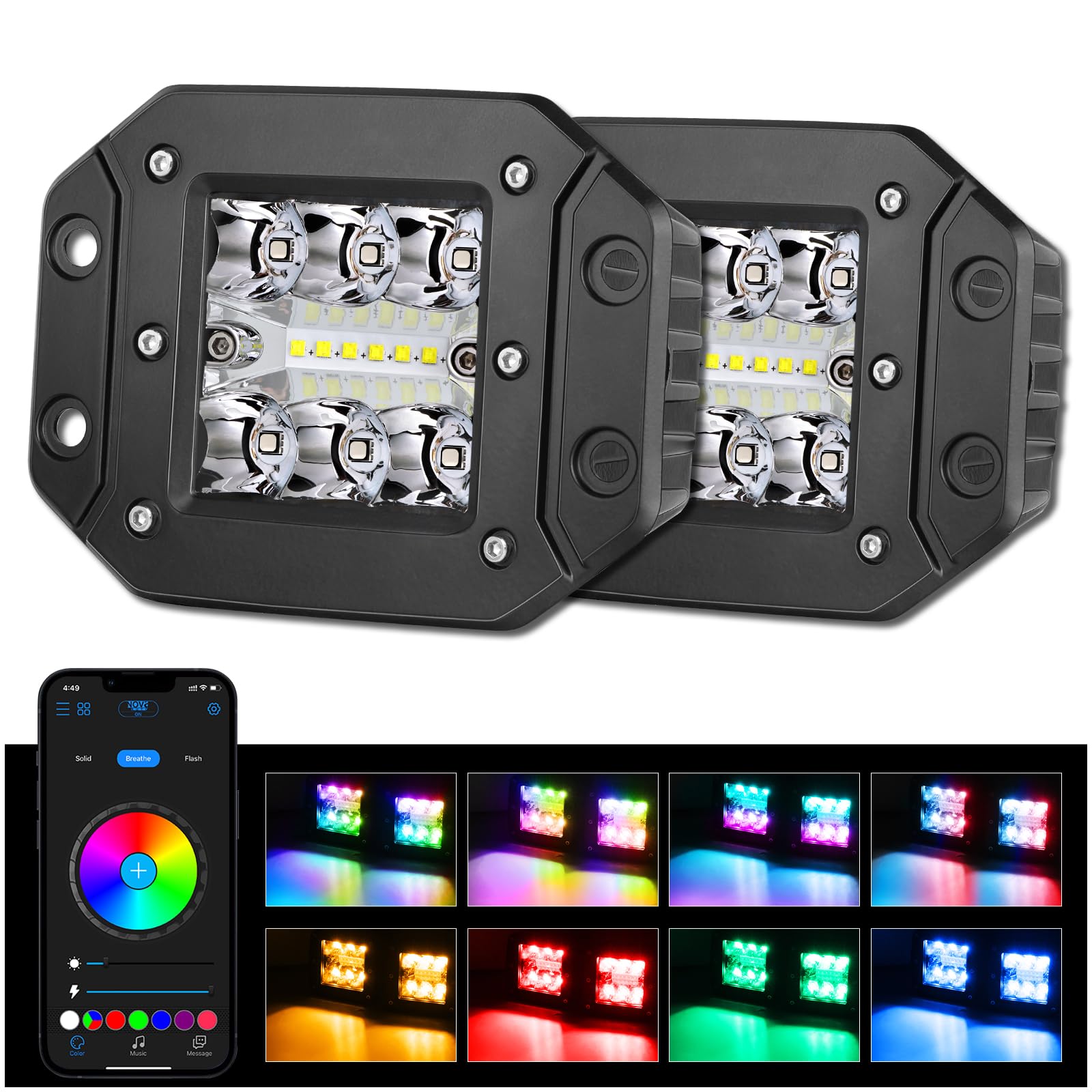 Offroadtown Rgbw Flush Mount Led Lights, 5Inch 60W Rgbw Led Driving Work Flush Fog Off Road Lights For Truck Pickup Utv Atv Suv