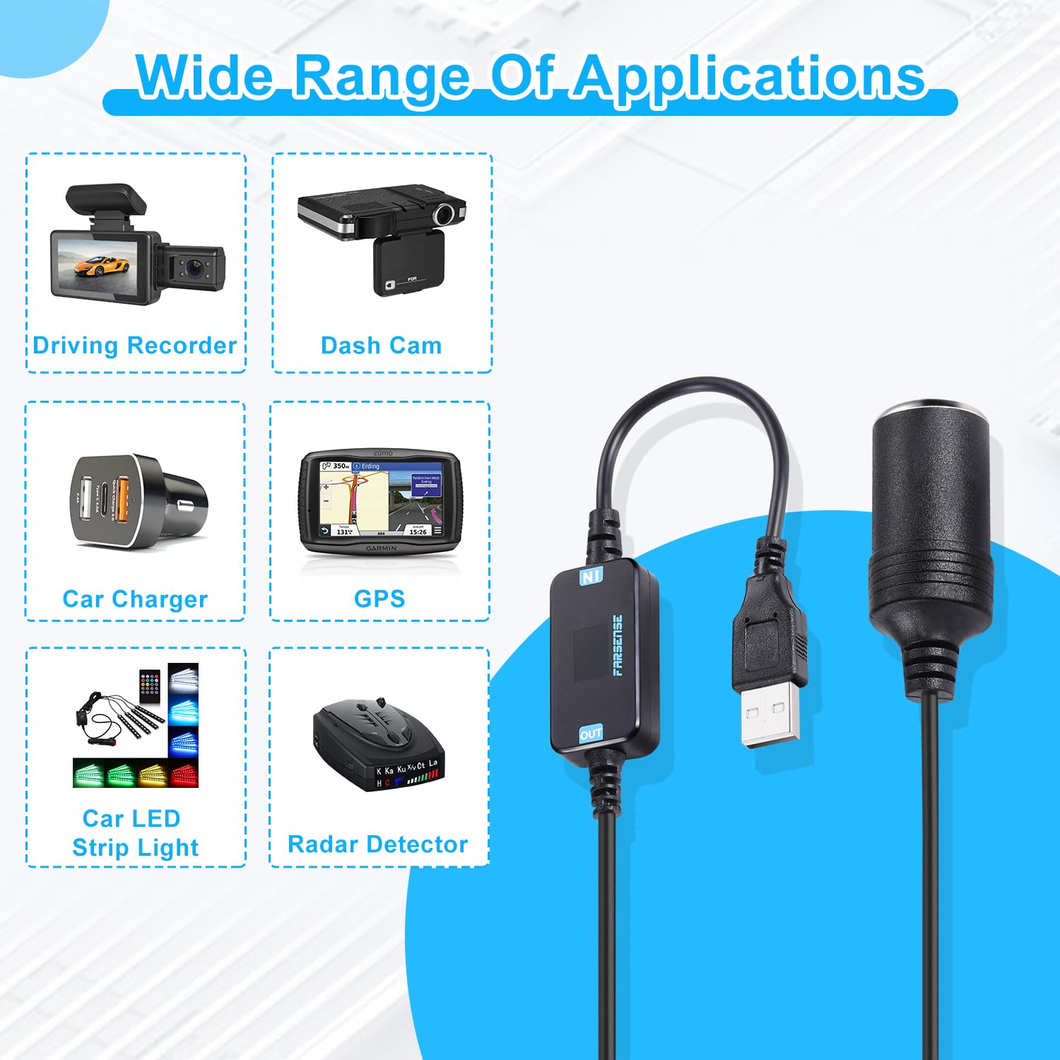 Farsense Usb A To 12V Cigarette Lighter Adapter-Usb Dc 5V To 12V Step Up Car Cigarette Lighter Socket Converter Cable(3Ft Suppor