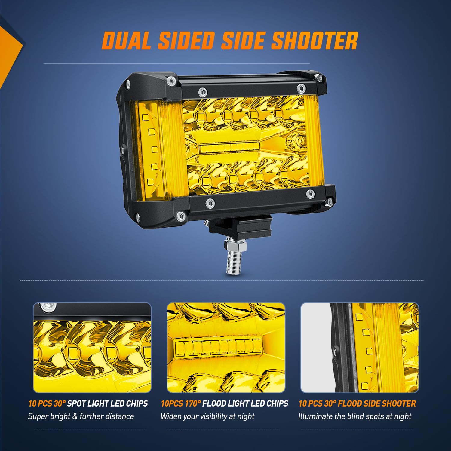 Nilight Side Shooter Led Light Bar 2Pcs 4.3Inch Triple Row Spot Flood Combo Yellow Beam Led Light With 5Pin Rocker Switch Wiring