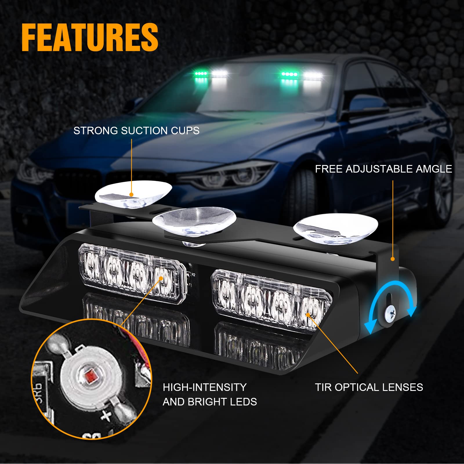 Xridonsen 2 In 1 Green White Dash Emergency Strobe Lights Interior Windshield Warning Safety Flashing Lights W/Suction Cups For