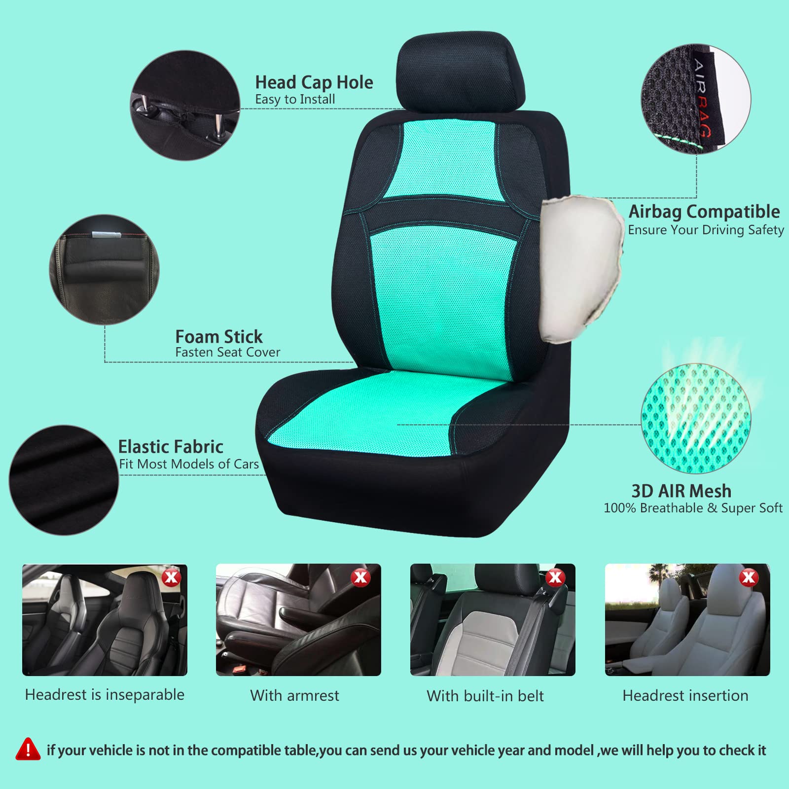 Car Pass Universal 13Pcs 3D Air Mesh-100% Breathable Seat Covers Full Sets#Steering Wheel&Belt Cover #Airbag And Rear Split Benc
