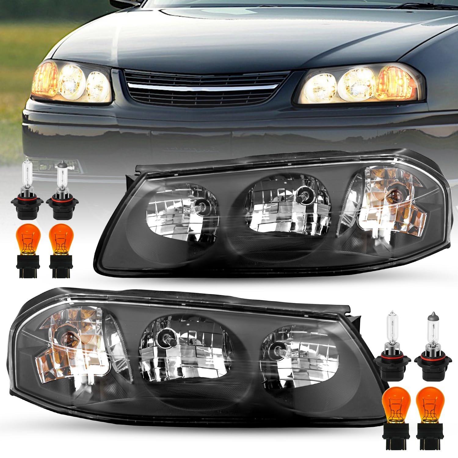 Sockir Headlight Assembly With Bulbs Included Compatible With 2000-2005 Chevy Impala, Black Housing & Amber Reflector